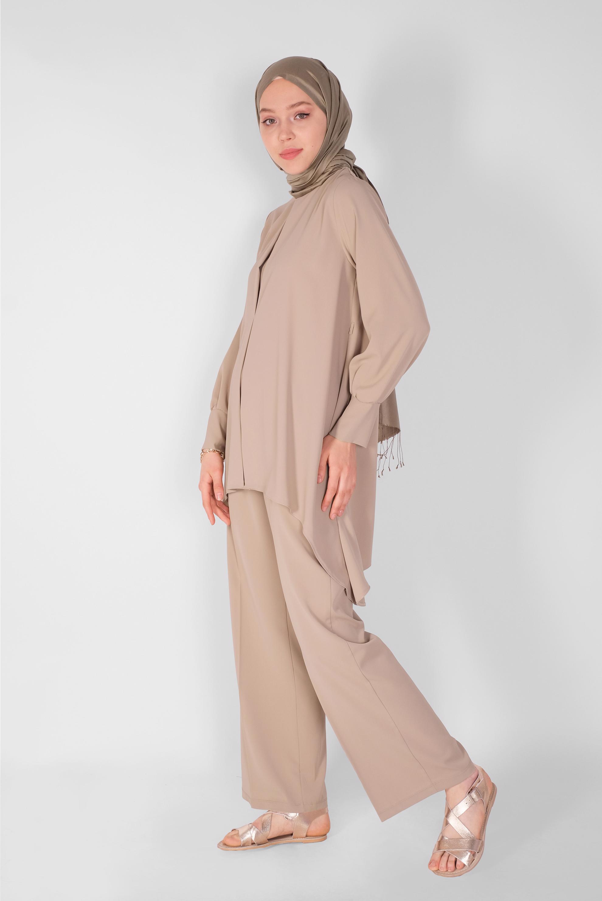 Tesettür giyim VİZON YUVARLAK YAKA İKİLİ PANT. TAKIM 41805 