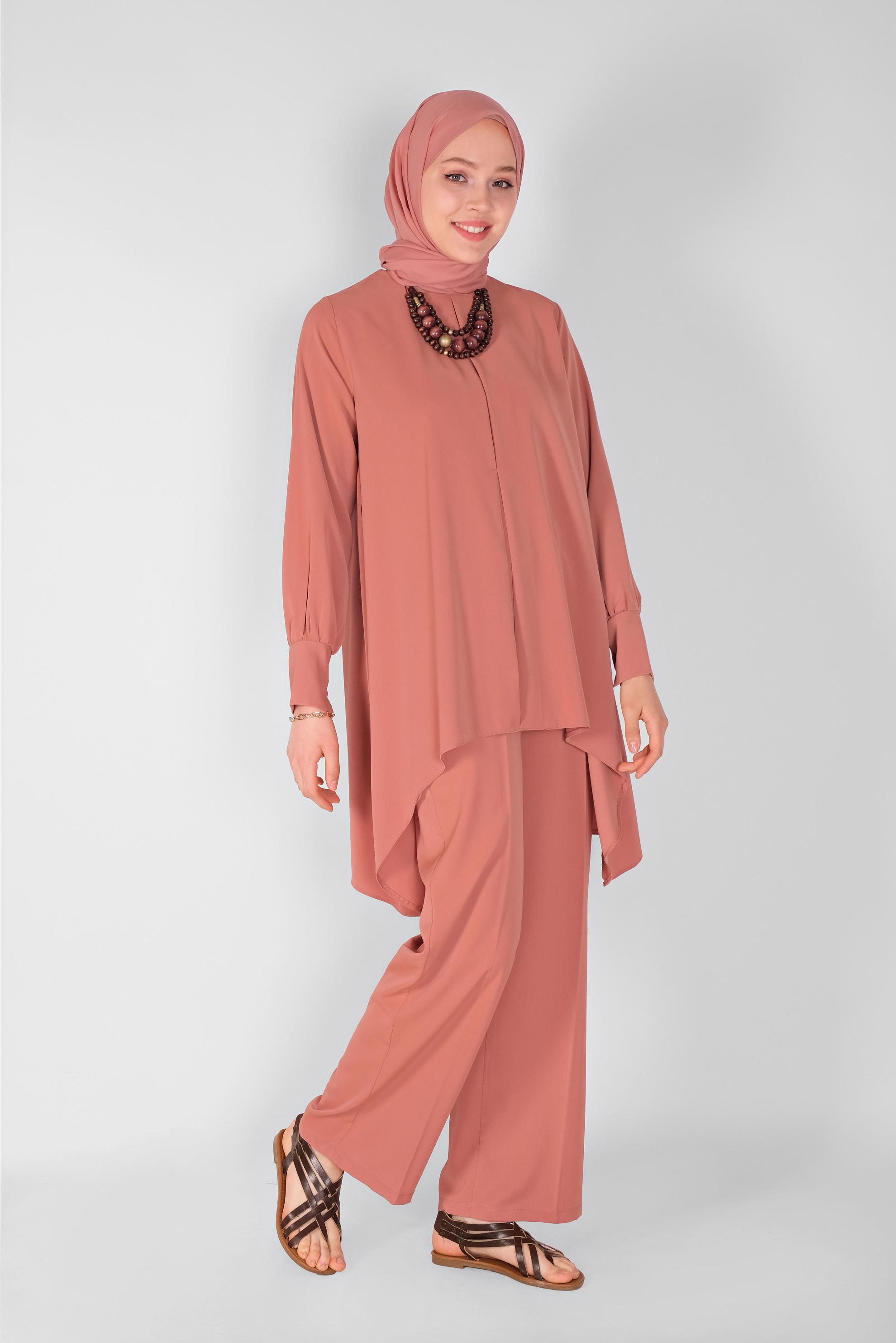 Tesettür giyim TURUNCU YUVARLAK YAKA İKİLİ PANT. TAKIM 41805 