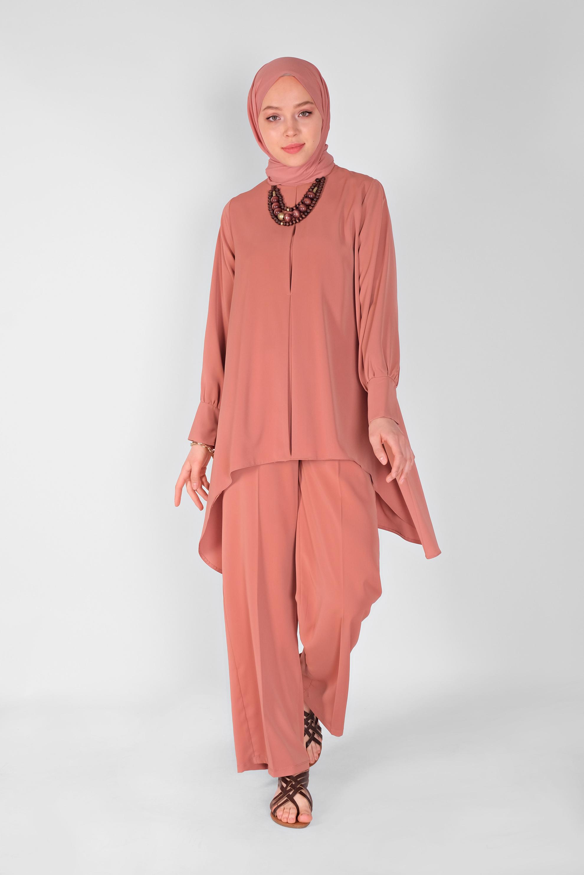 Tesettür giyim TURUNCU YUVARLAK YAKA İKİLİ PANT. TAKIM 41805 