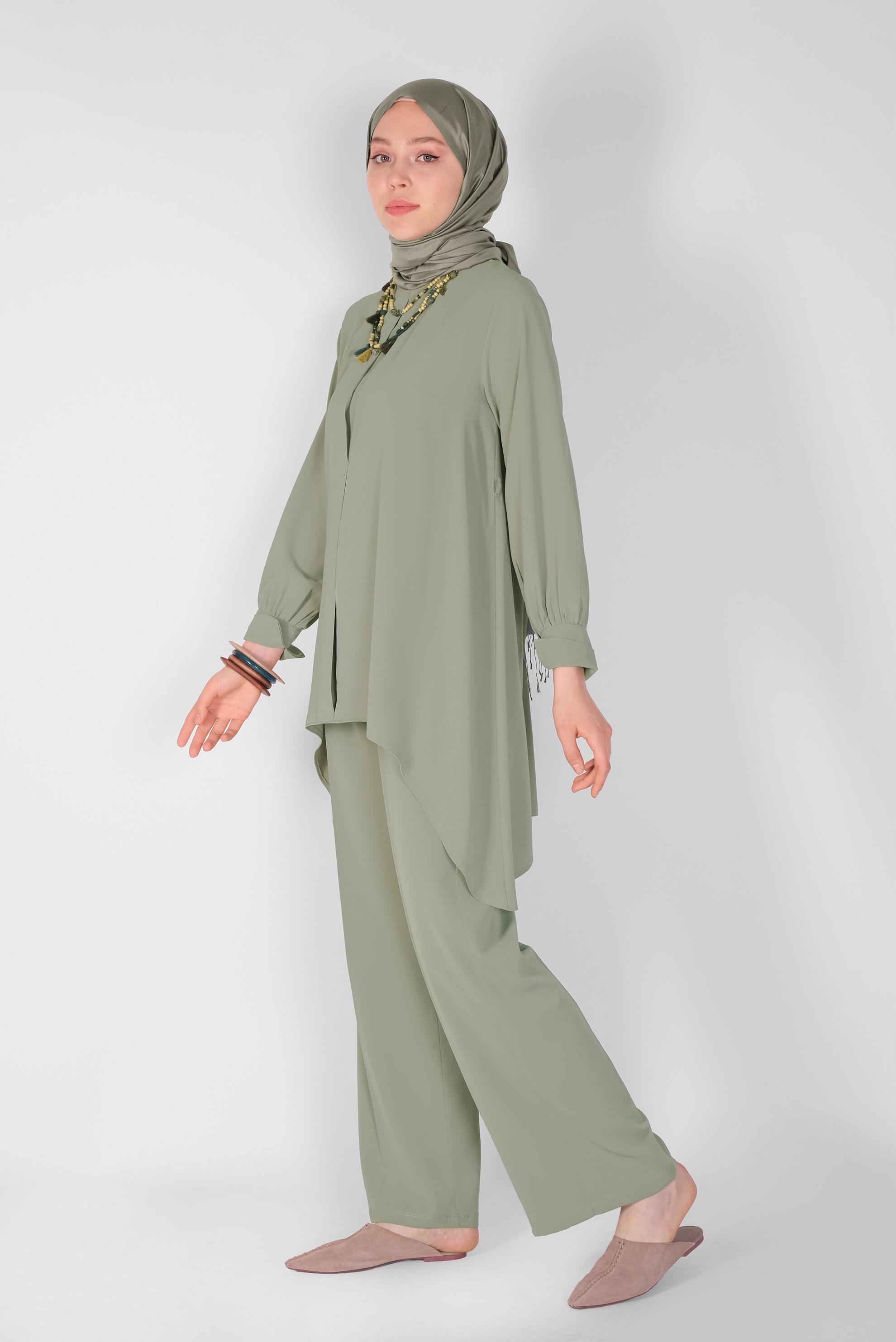 Tesettür giyim YEŞİL YUVARLAK YAKA İKİLİ PANT. TAKIM 41805 