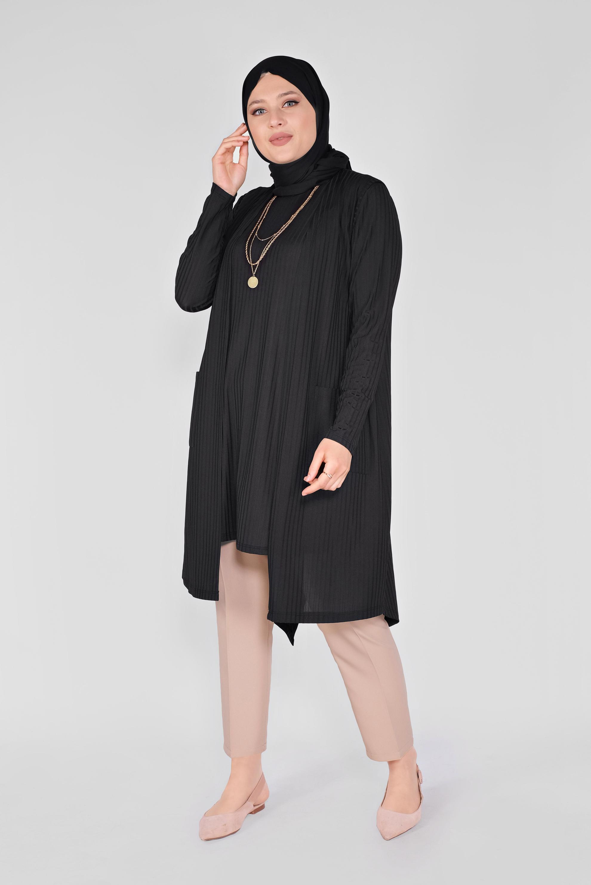 Tesettür giyim SİYAH CEPLİ YUVARLAK YAKA İKİLİ TUNİK 20130 