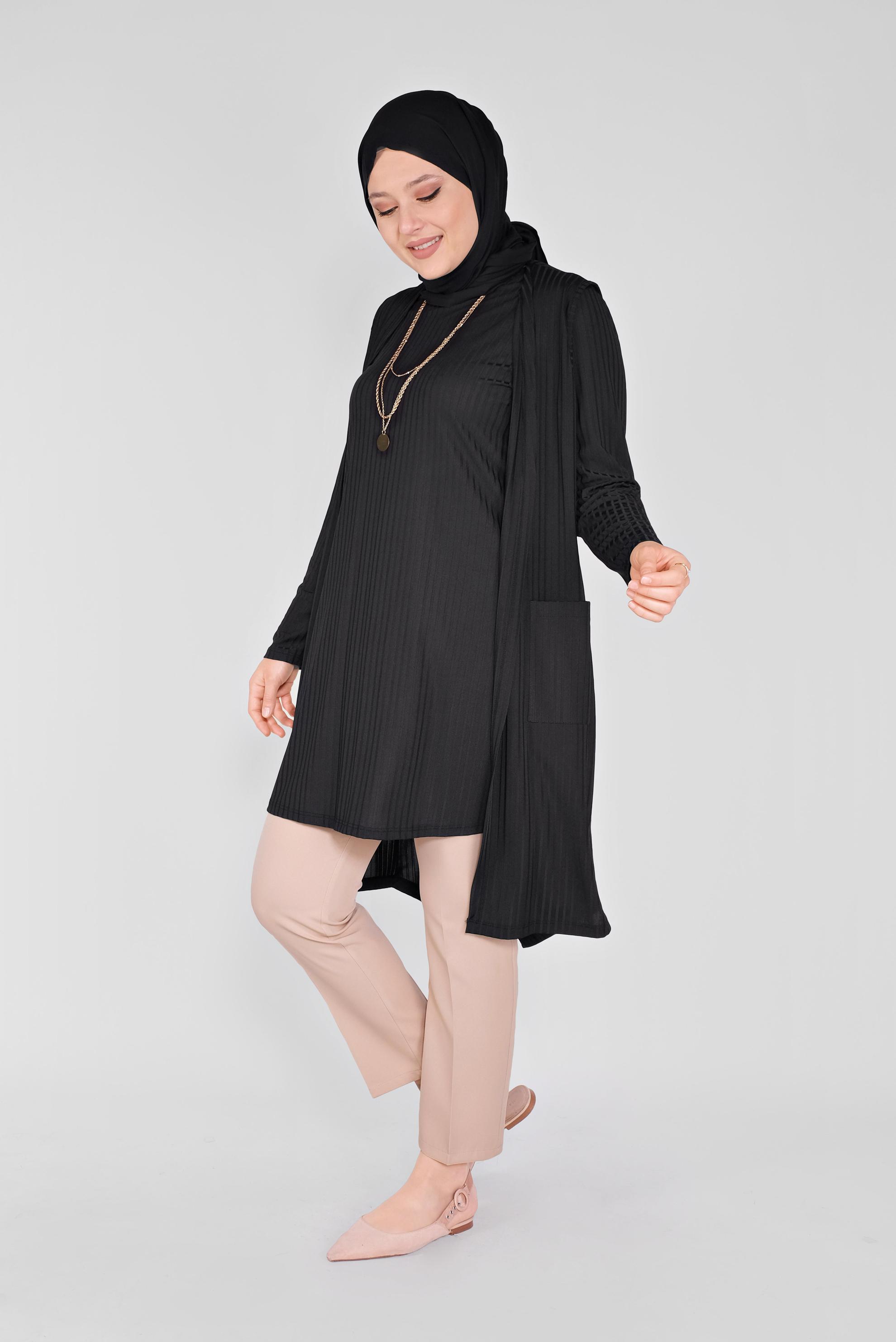 Tesettür giyim SİYAH CEPLİ YUVARLAK YAKA İKİLİ TUNİK 20130 