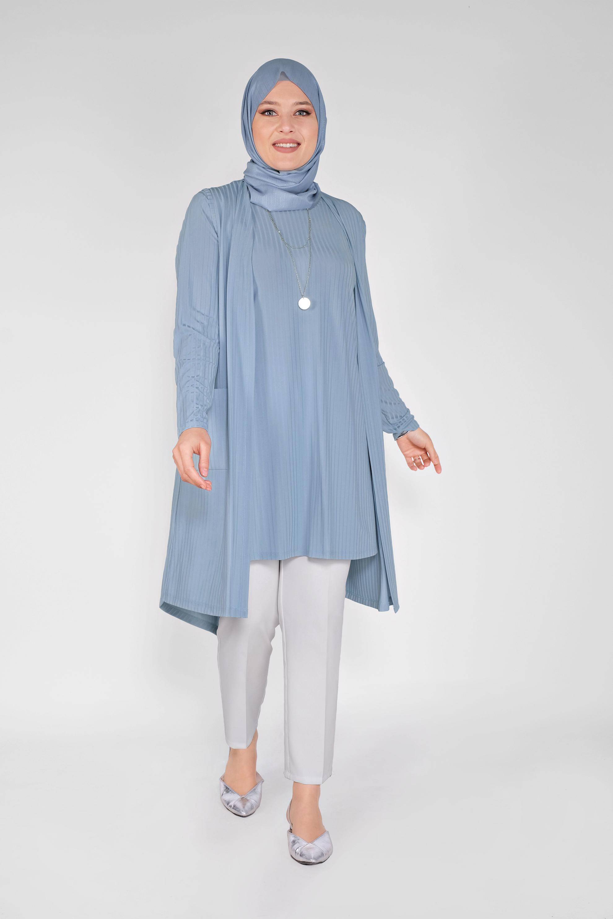 Tesettür giyim MAVİ CEPLİ YUVARLAK YAKA İKİLİ TUNİK 20130 