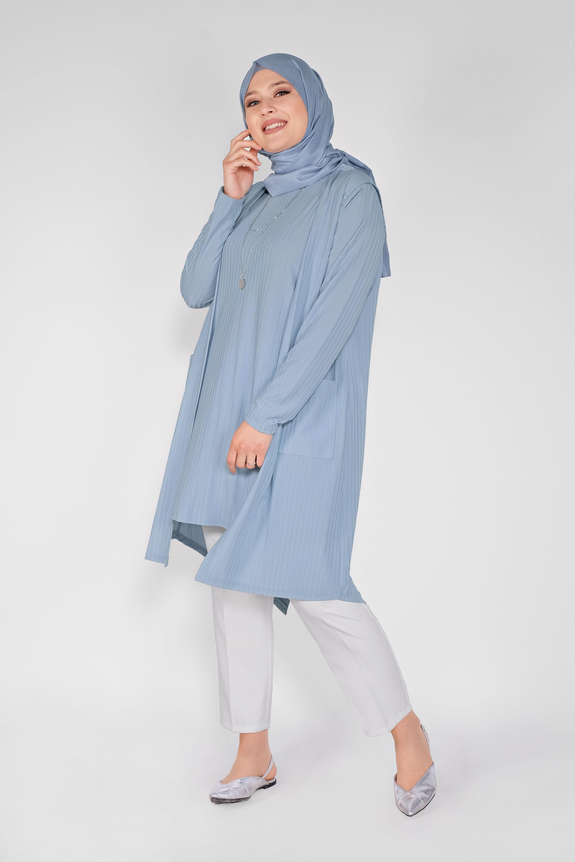 Tesettür giyim MAVİ CEPLİ YUVARLAK YAKA İKİLİ TUNİK 20130 