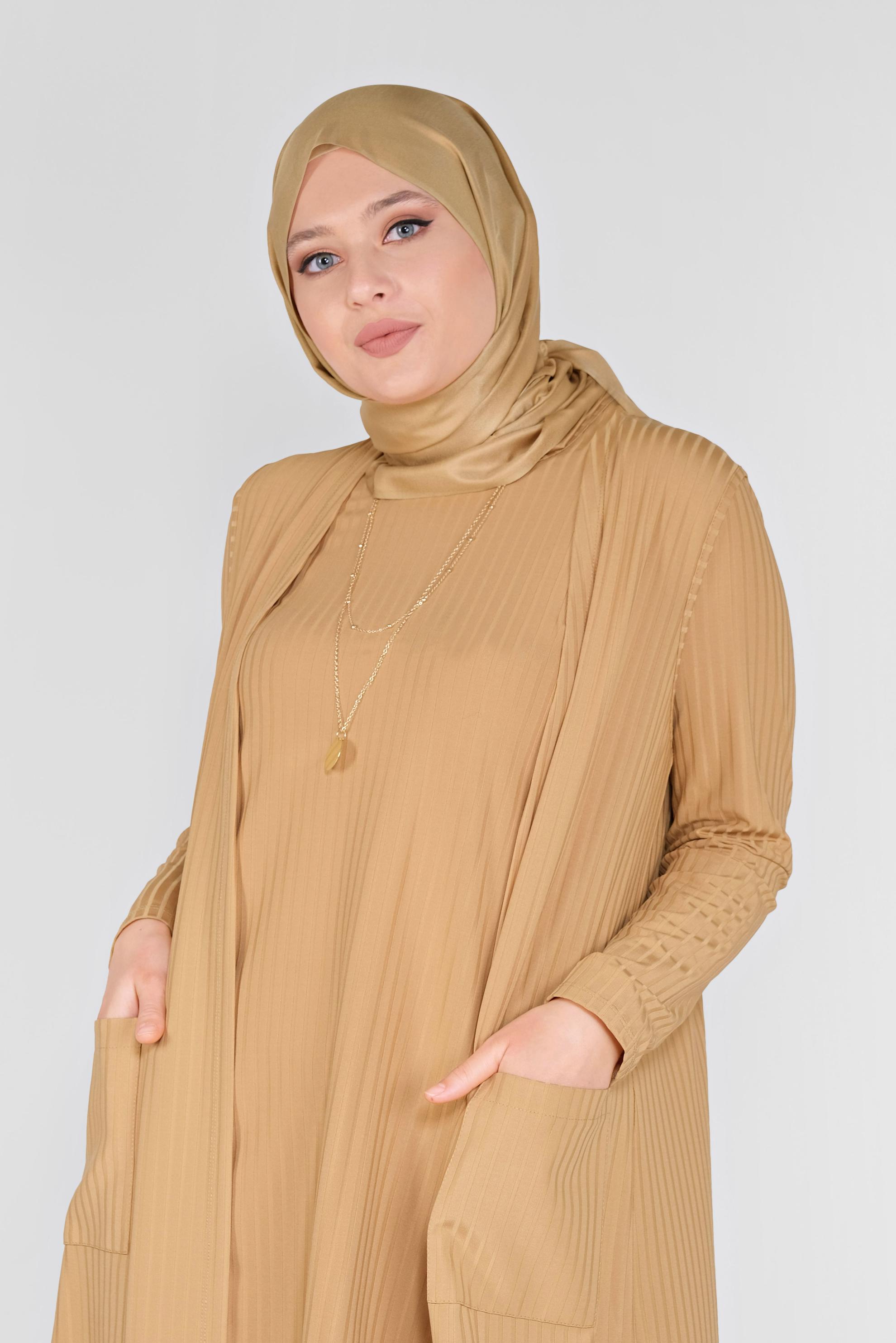 Tesettür giyim SARI CEPLİ YUVARLAK YAKA İKİLİ TUNİK 20130 