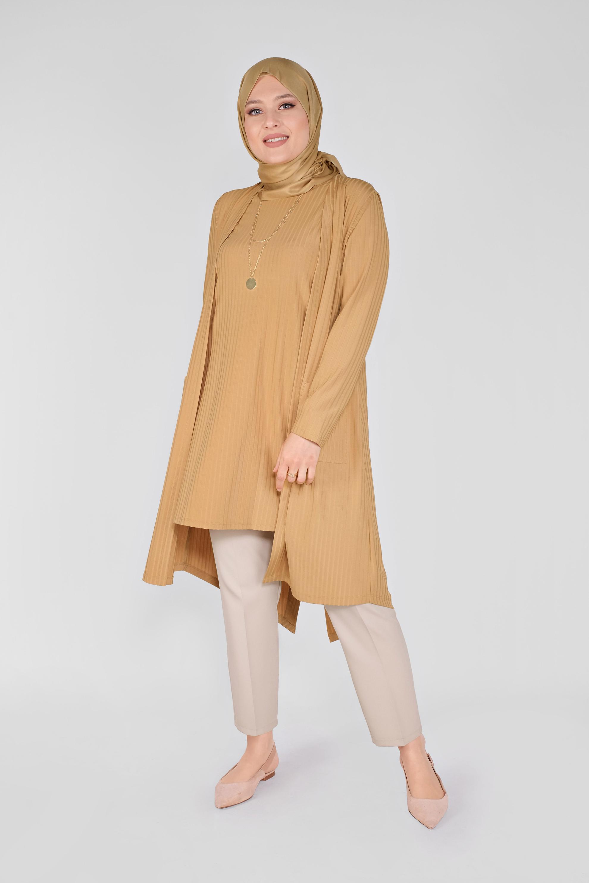 Tesettür giyim SARI CEPLİ YUVARLAK YAKA İKİLİ TUNİK 20130 