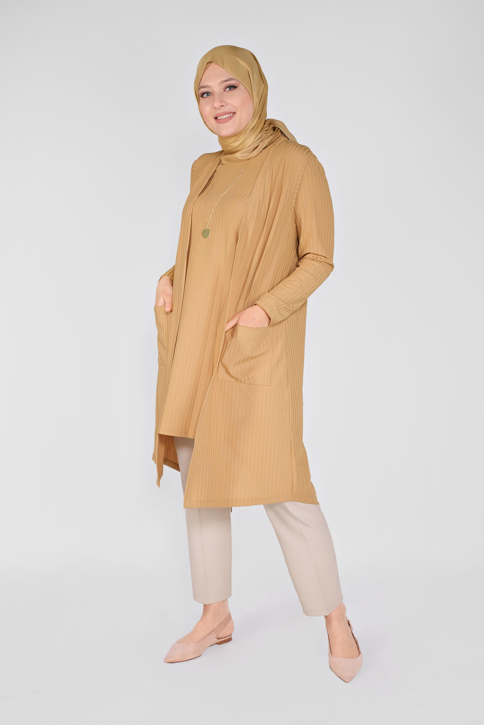 Tesettür giyim SARI CEPLİ YUVARLAK YAKA İKİLİ TUNİK 20130 