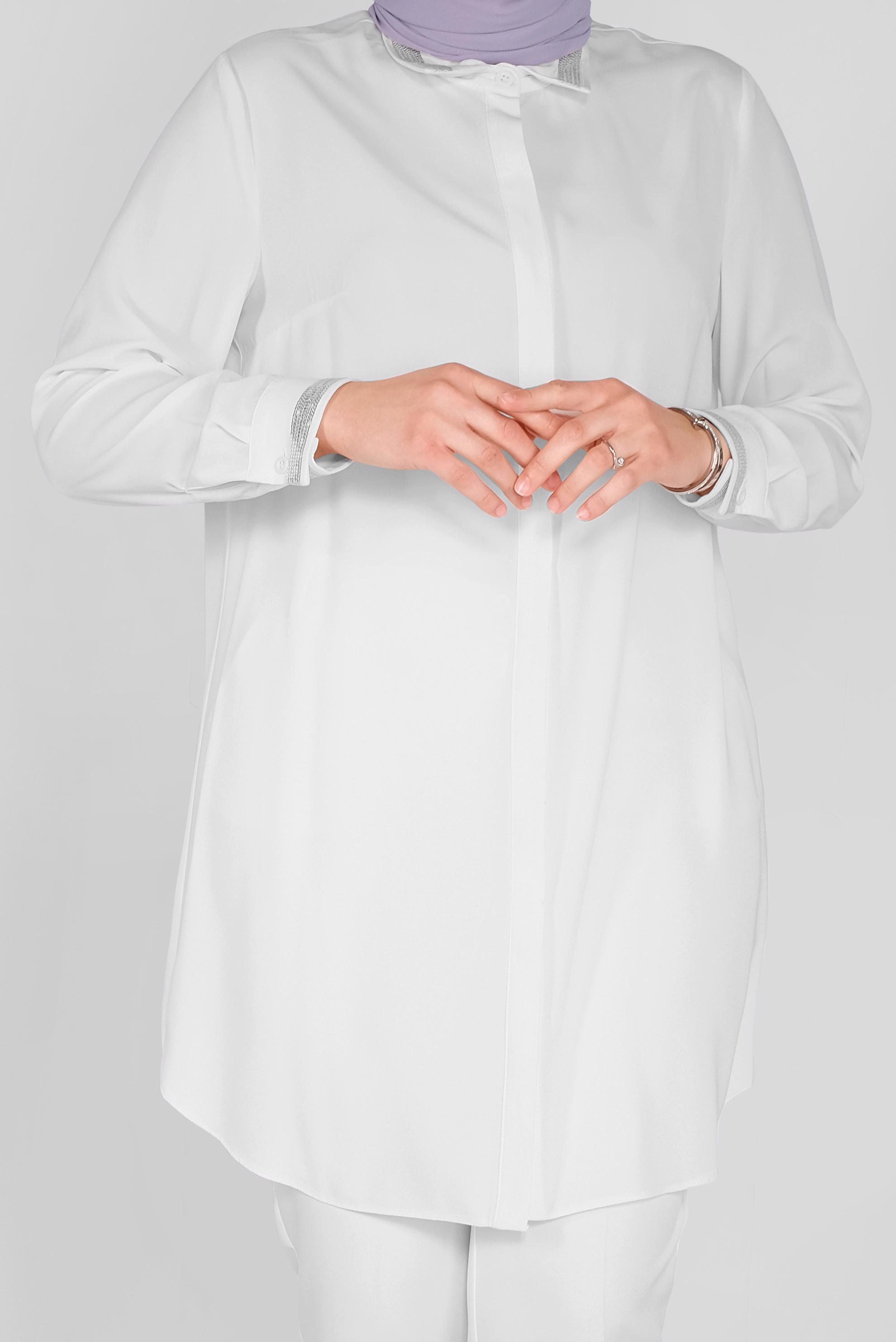 Tesettür giyim BEYAZ PULLU BOYDAN DÜĞMELİ TUNİK 20137 