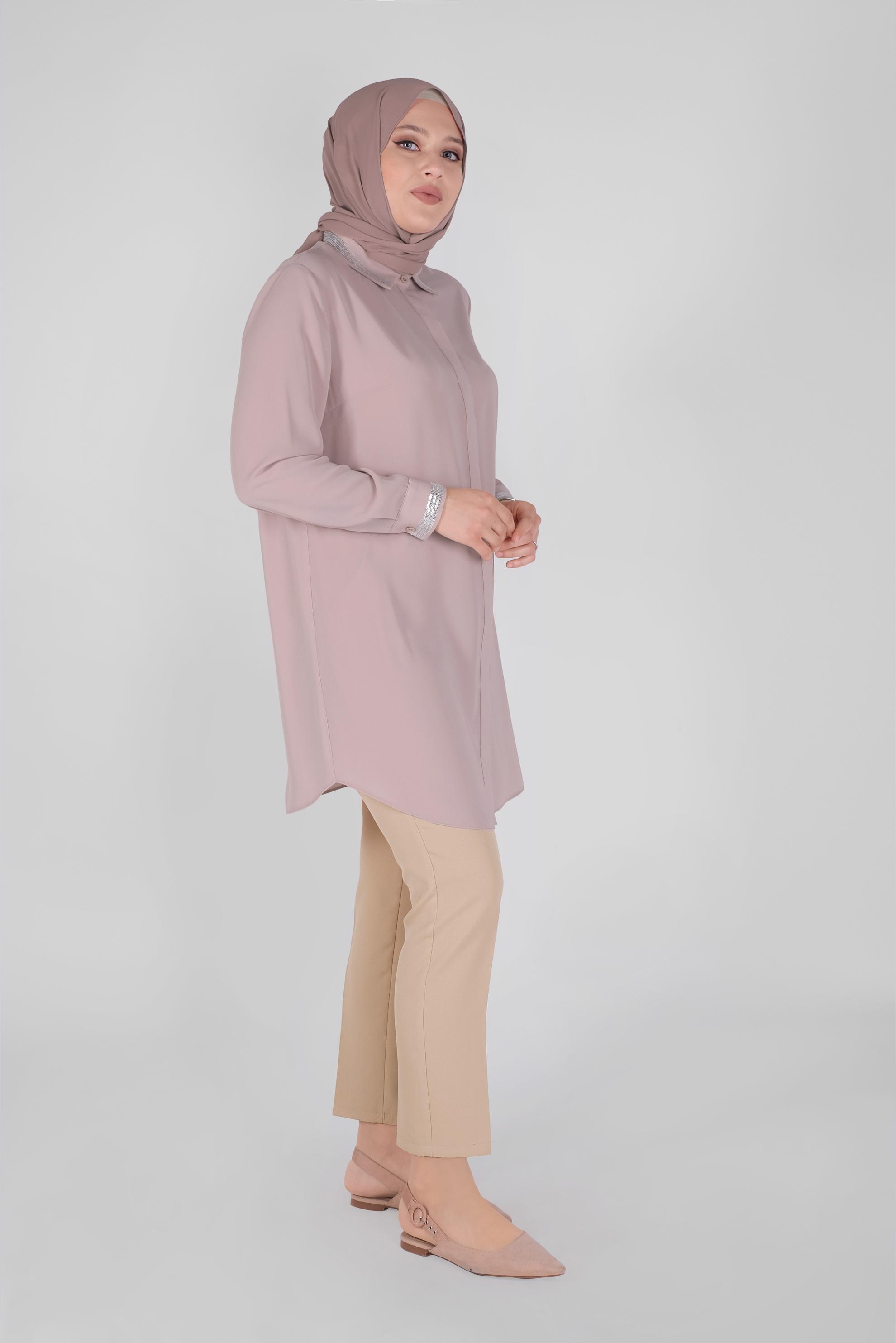 Tesettür giyim PUDRA PULLU BOYDAN DÜĞMELİ TUNİK 20137 