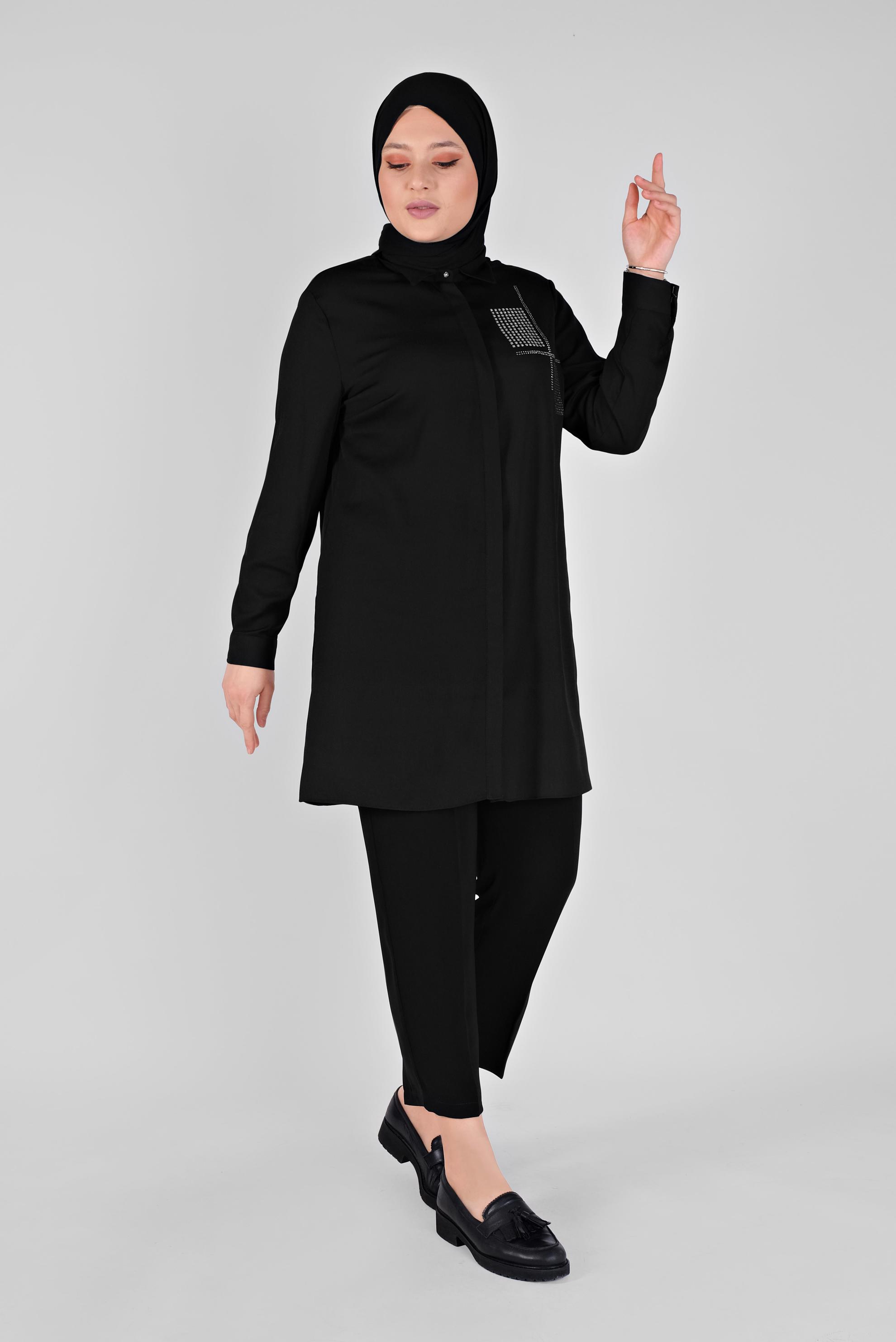 Tesettür giyim SİYAH TAŞ BASKILI TUNİK 20141