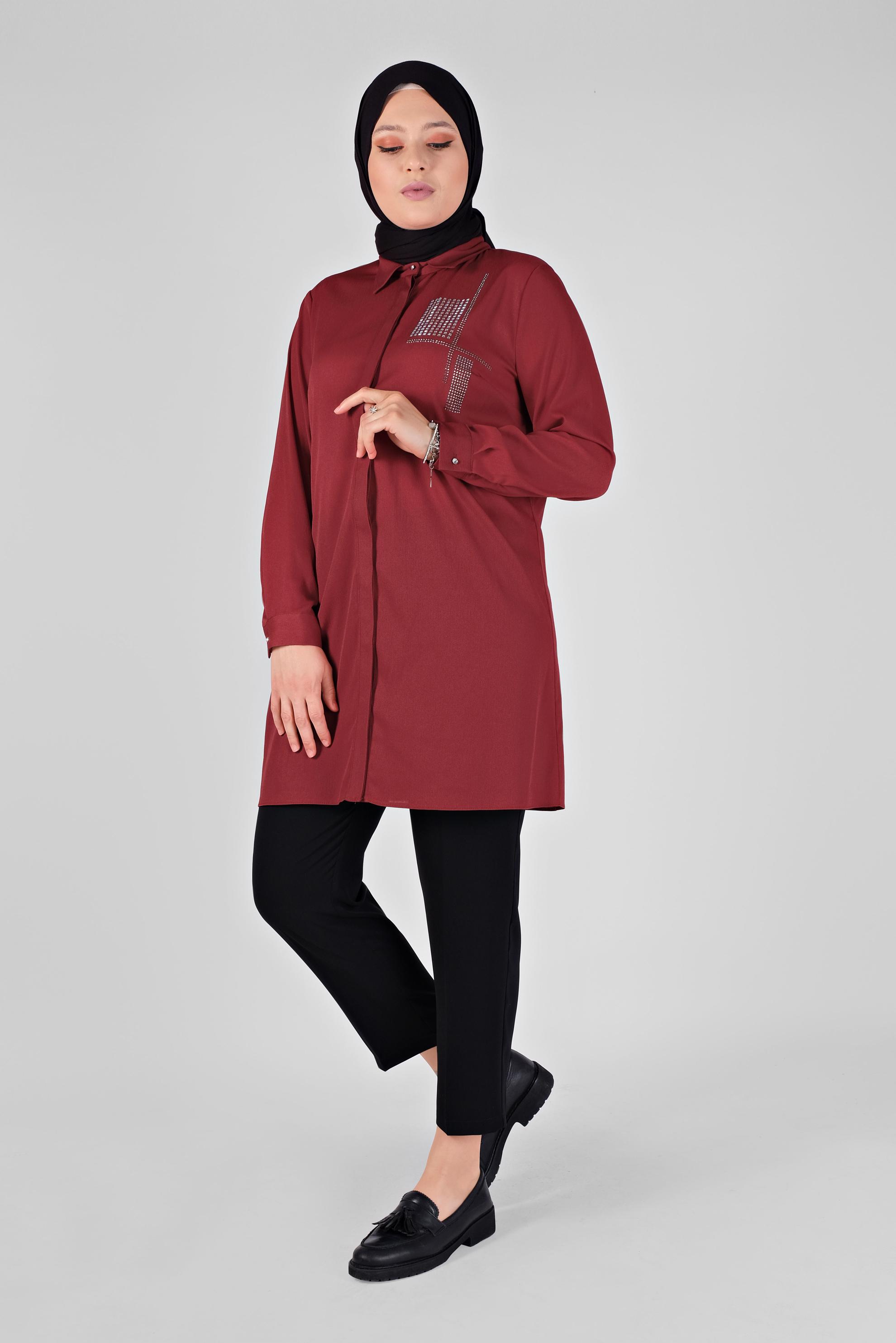 Tesettür giyim BORDO TAŞ BASKILI TUNİK 20141