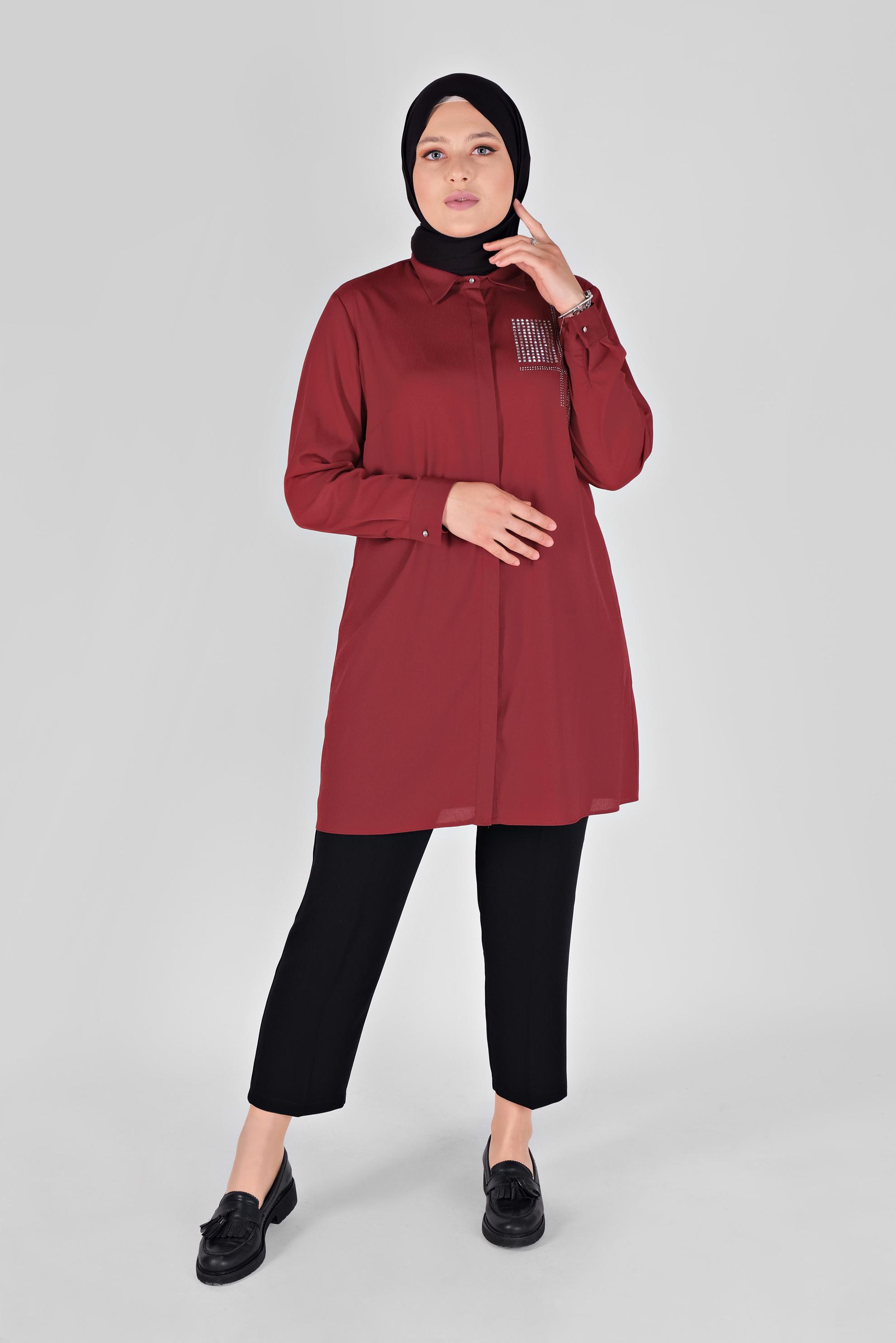 Tesettür giyim BORDO TAŞ BASKILI TUNİK 20141