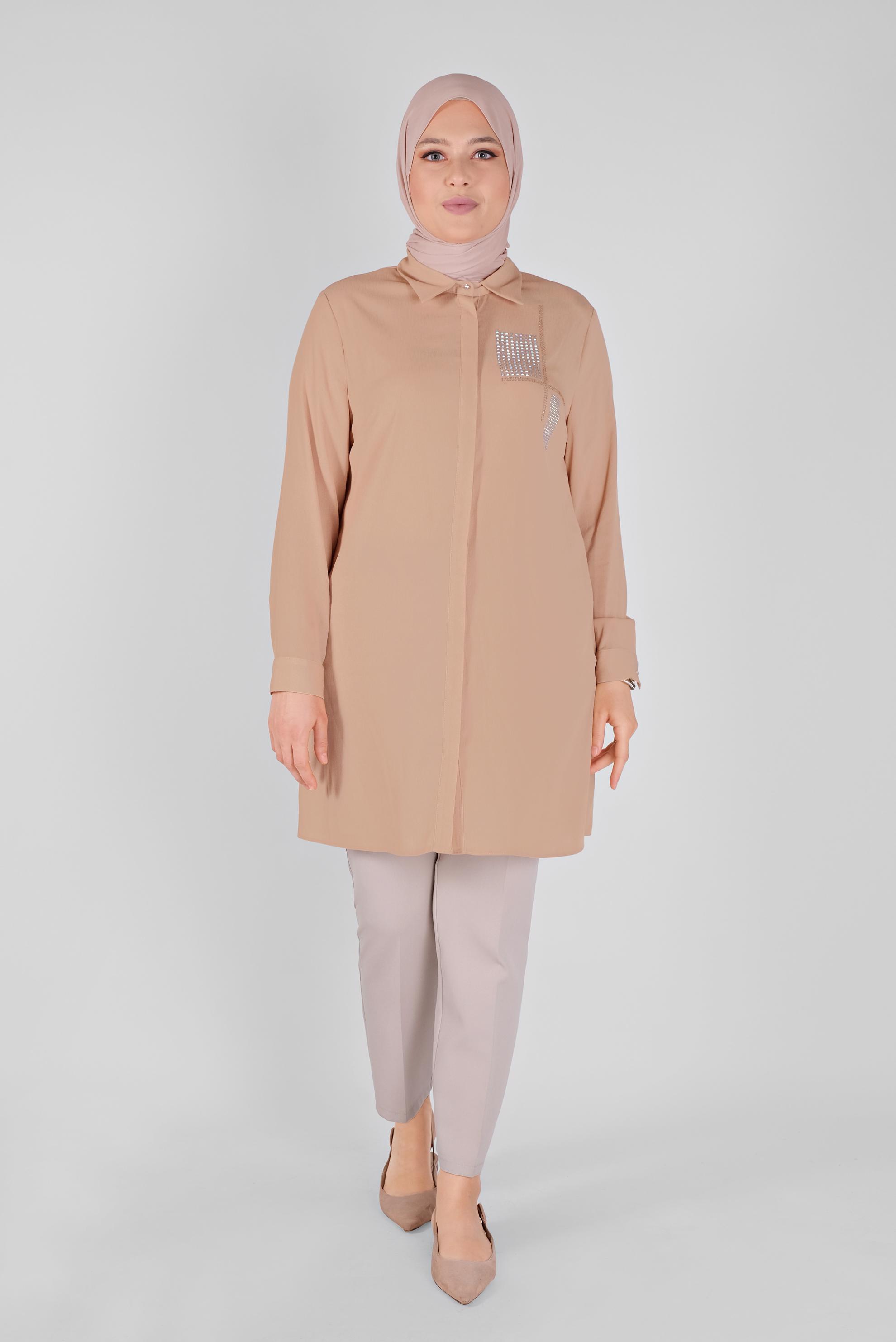 Tesettür giyim PUDRA TAŞ BASKILI TUNİK 20141