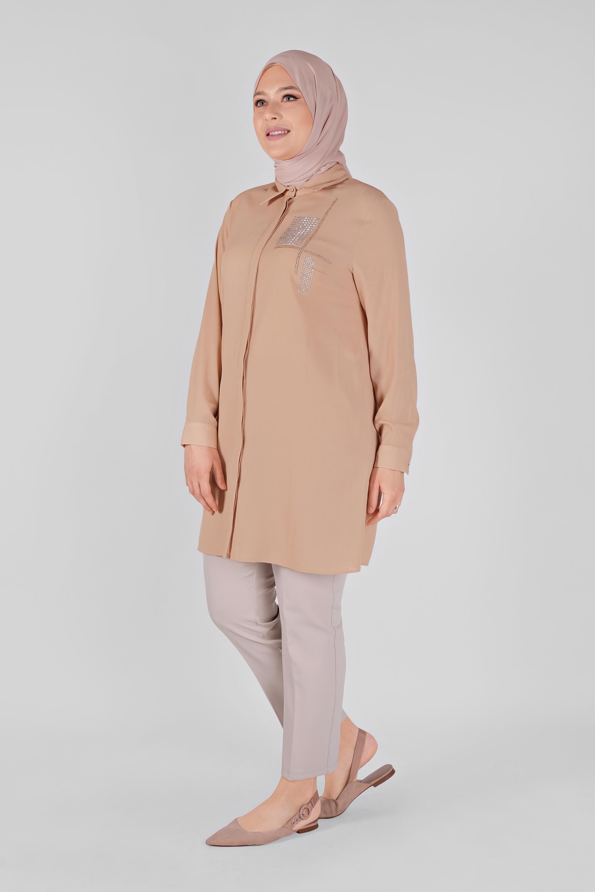 Tesettür giyim PUDRA TAŞ BASKILI TUNİK 20141