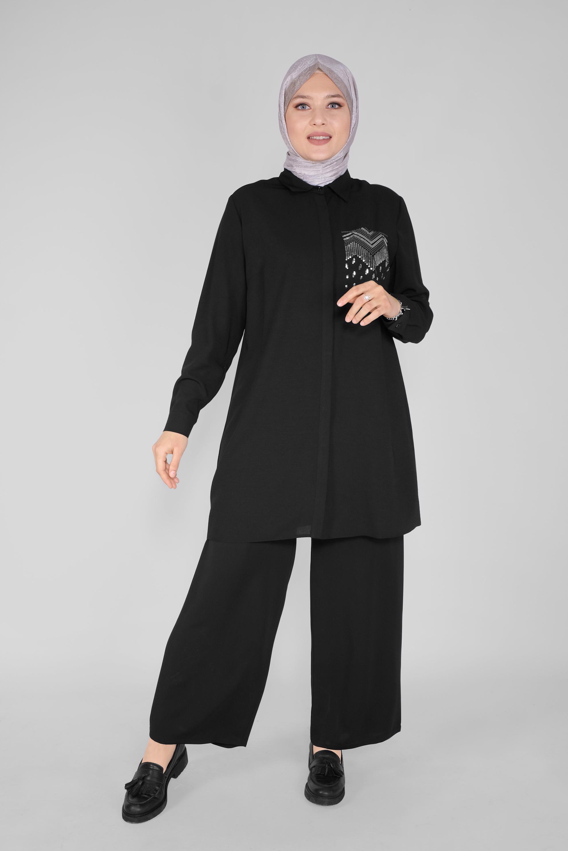Tesettür giyim SİYAH PUL NAKIŞLI DÜĞMELİ TUNİK 20145 