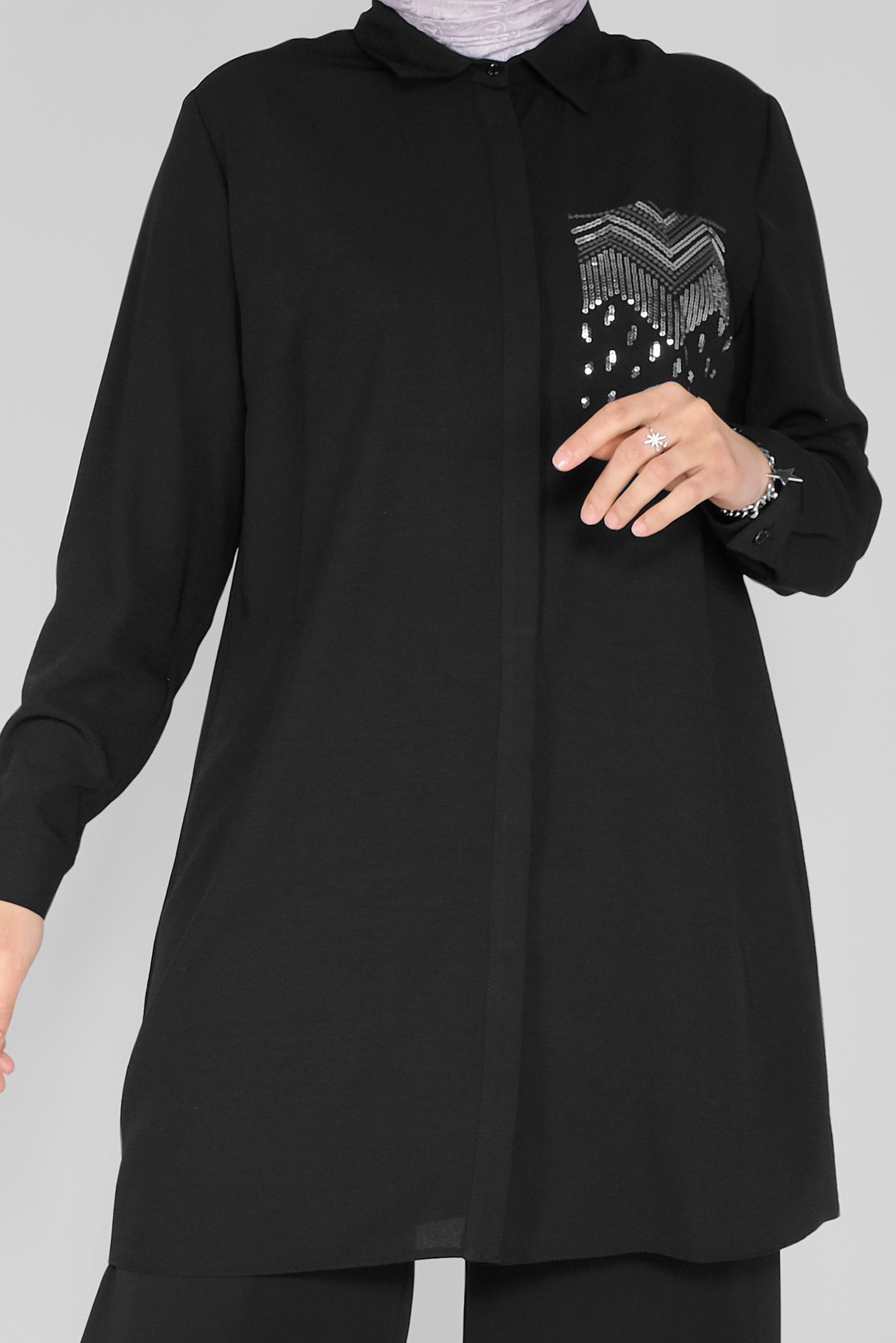 Tesettür giyim SİYAH PUL NAKIŞLI DÜĞMELİ TUNİK 20145 