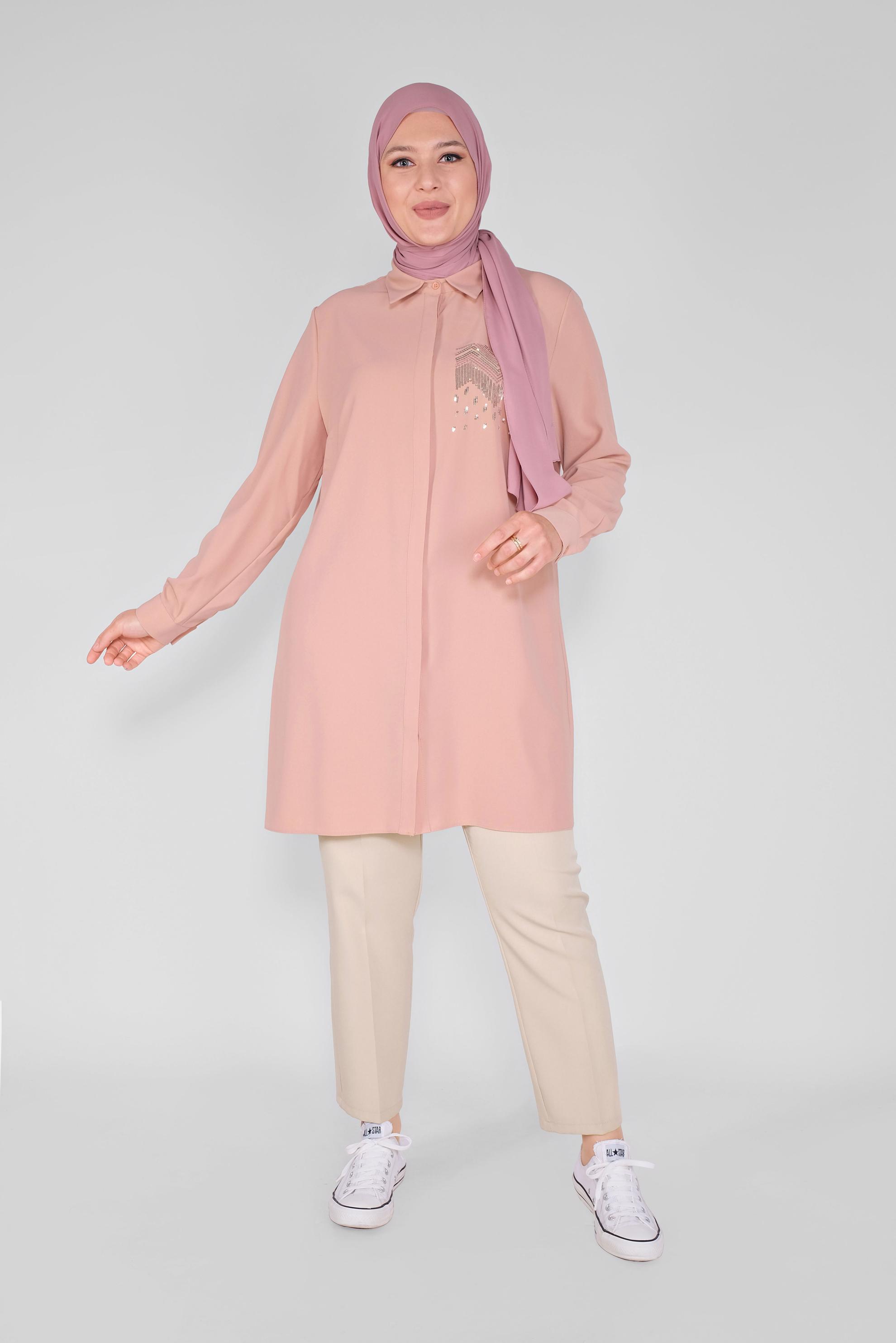 Tesettür giyim PUDRA PUL NAKIŞLI DÜĞMELİ TUNİK 20145 