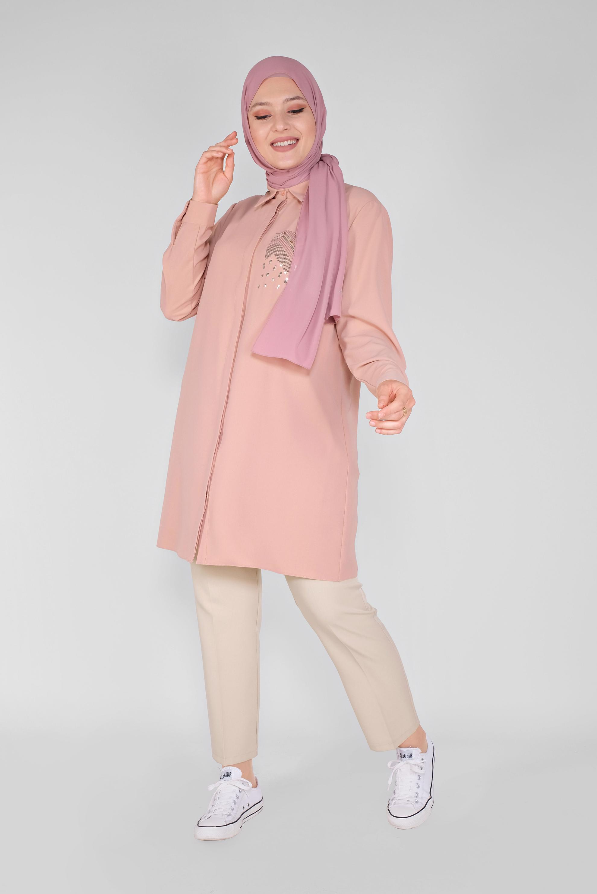 Tesettür giyim PUDRA PUL NAKIŞLI DÜĞMELİ TUNİK 20145 