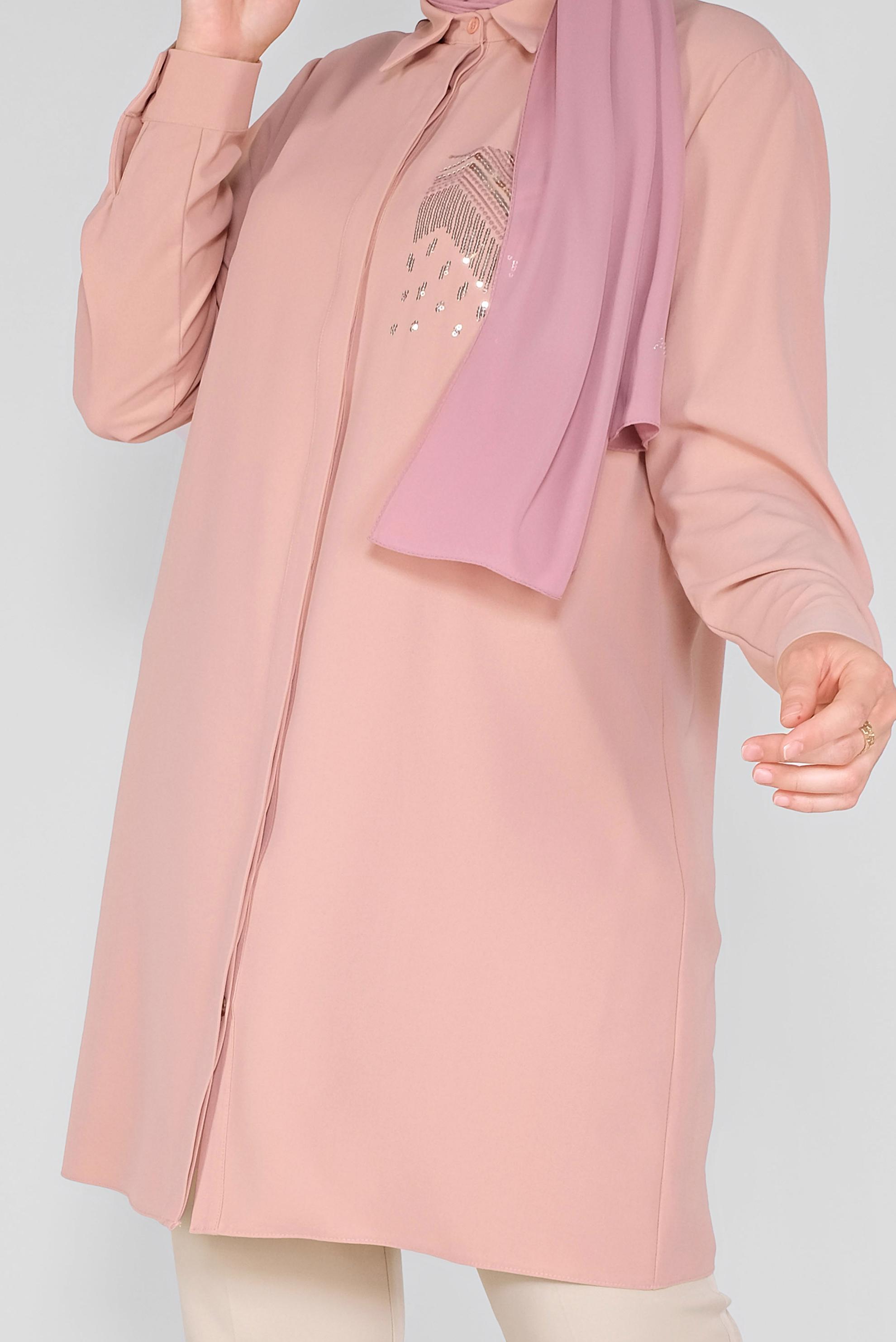 Tesettür giyim PUDRA PUL NAKIŞLI DÜĞMELİ TUNİK 20145 