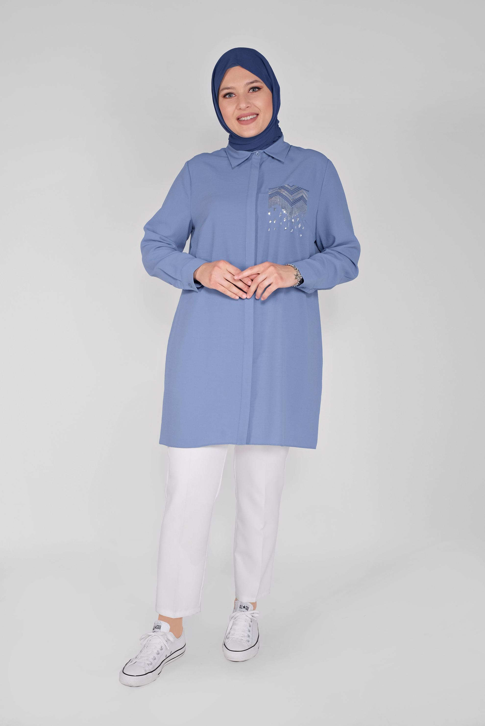 Tesettür giyim MAVİ PUL NAKIŞLI DÜĞMELİ TUNİK 20145 