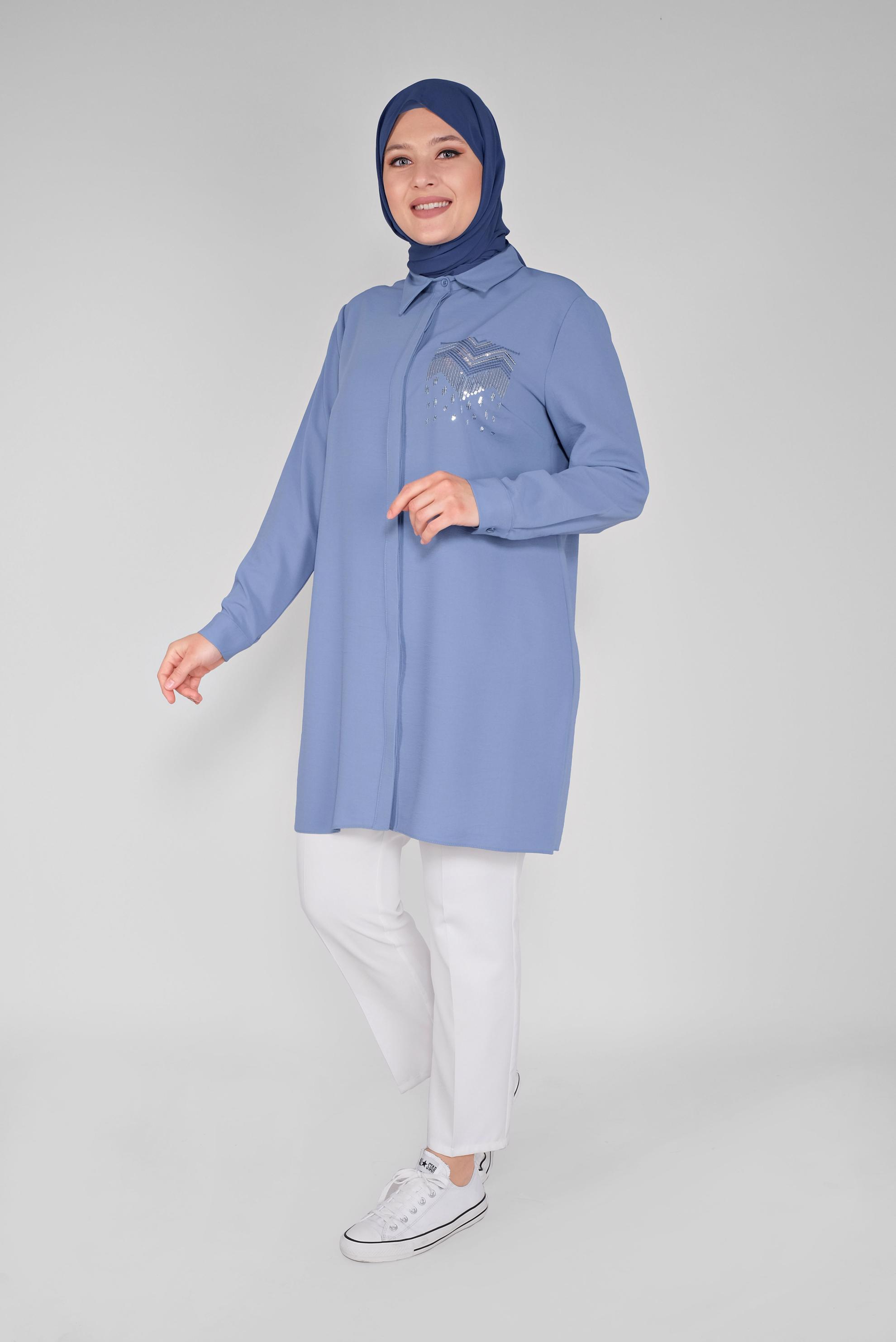 Tesettür giyim MAVİ PUL NAKIŞLI DÜĞMELİ TUNİK 20145 