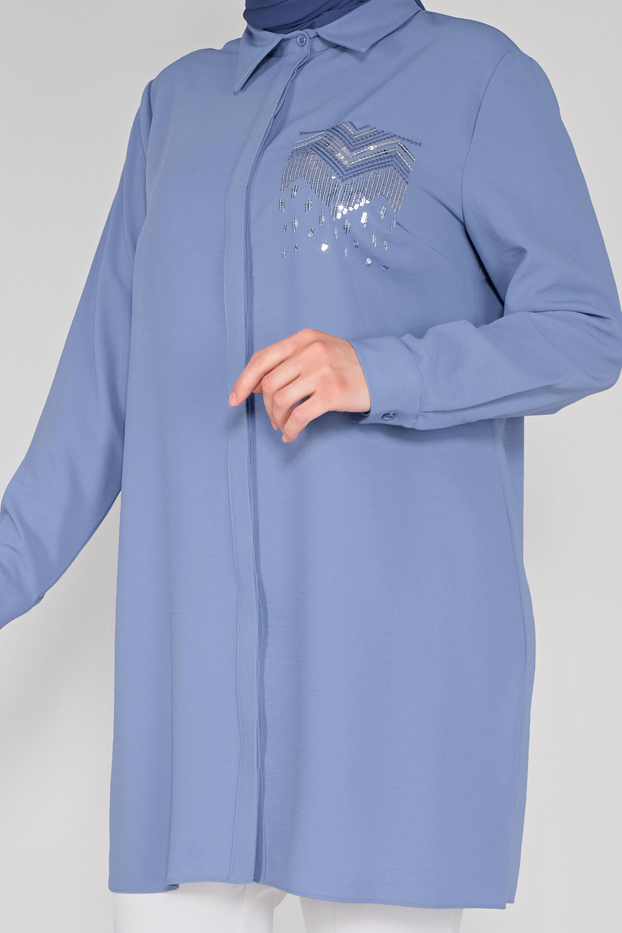 Tesettür giyim MAVİ PUL NAKIŞLI DÜĞMELİ TUNİK 20145 