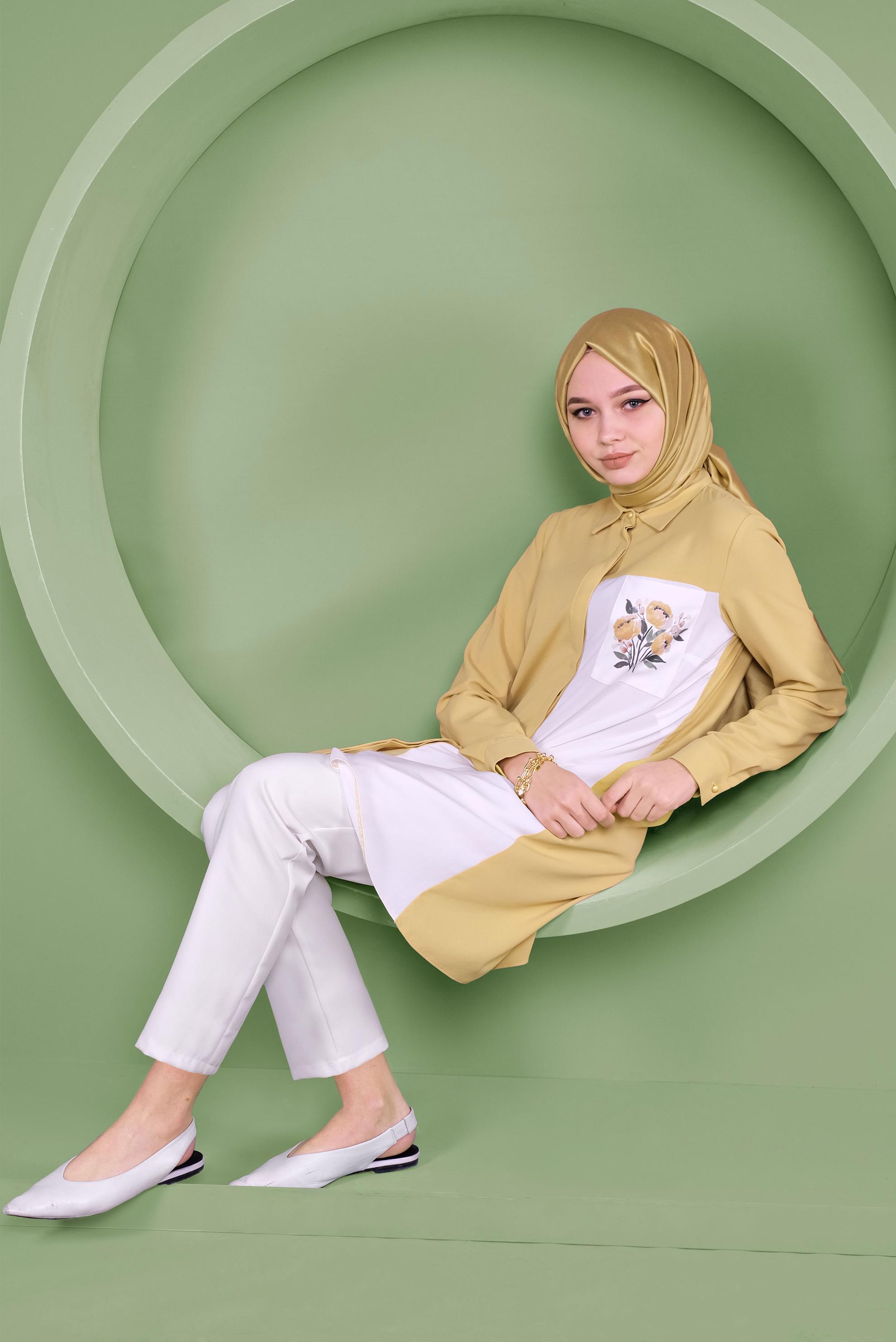 Tesettür giyim SARI 2 RENKLİ CEP KISMI NAKIŞ İŞLEMELİ TUNİK 40663