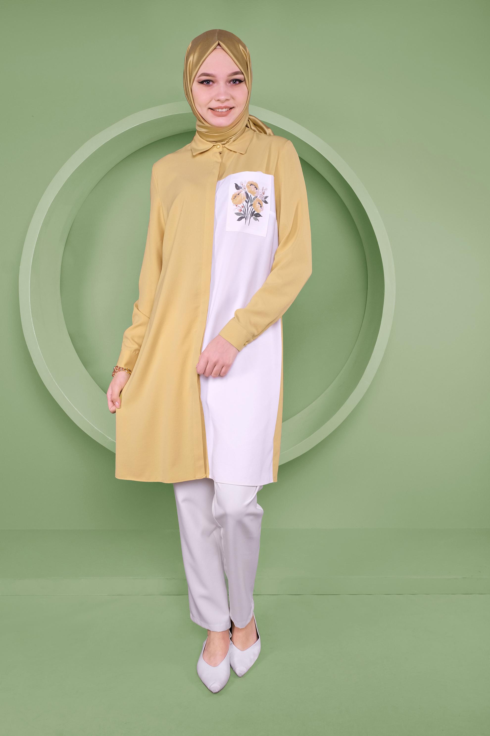 Tesettür giyim SARI 2 RENKLİ CEP KISMI NAKIŞ İŞLEMELİ TUNİK 40663