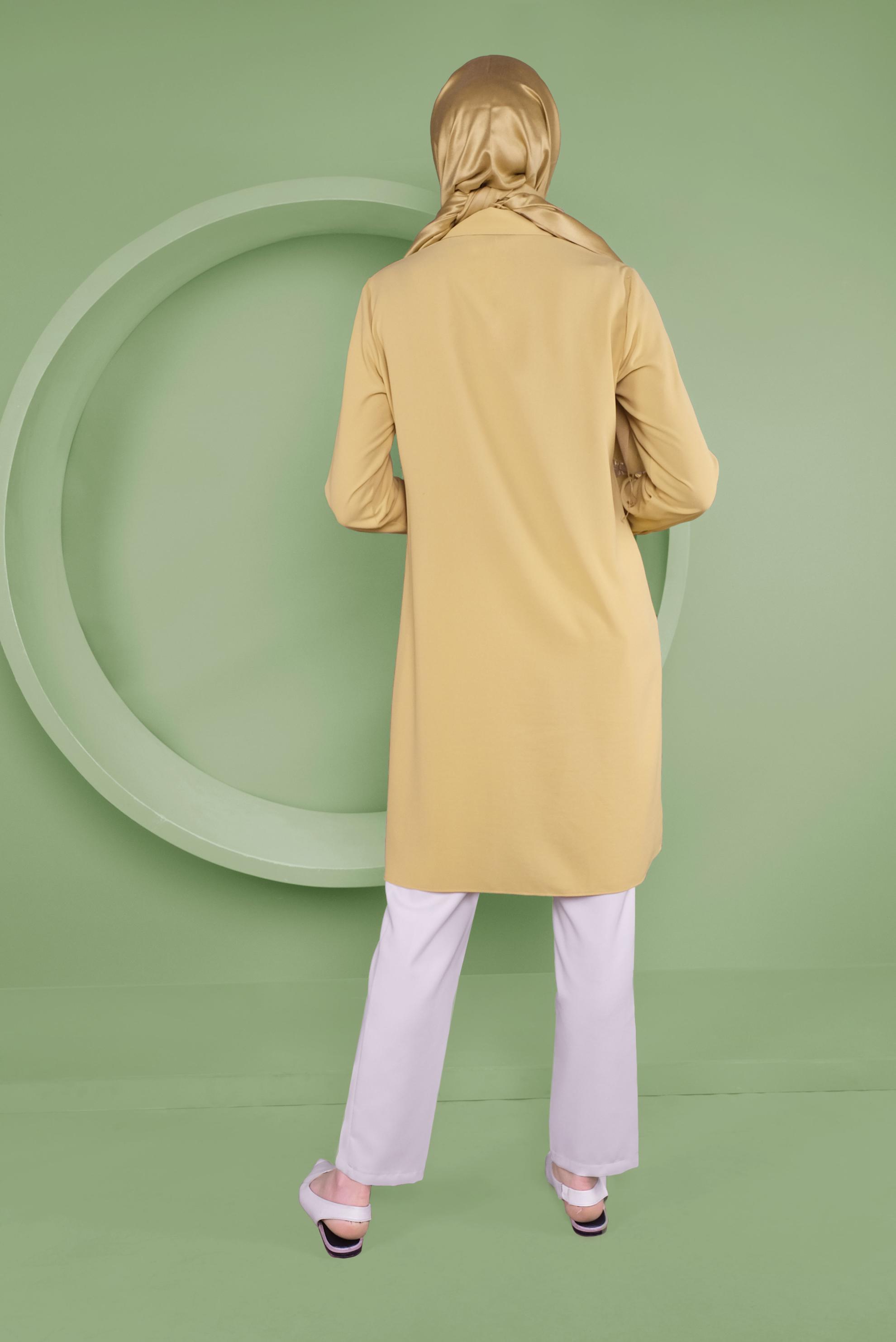 Tesettür giyim SARI 2 RENKLİ CEP KISMI NAKIŞ İŞLEMELİ TUNİK 40663