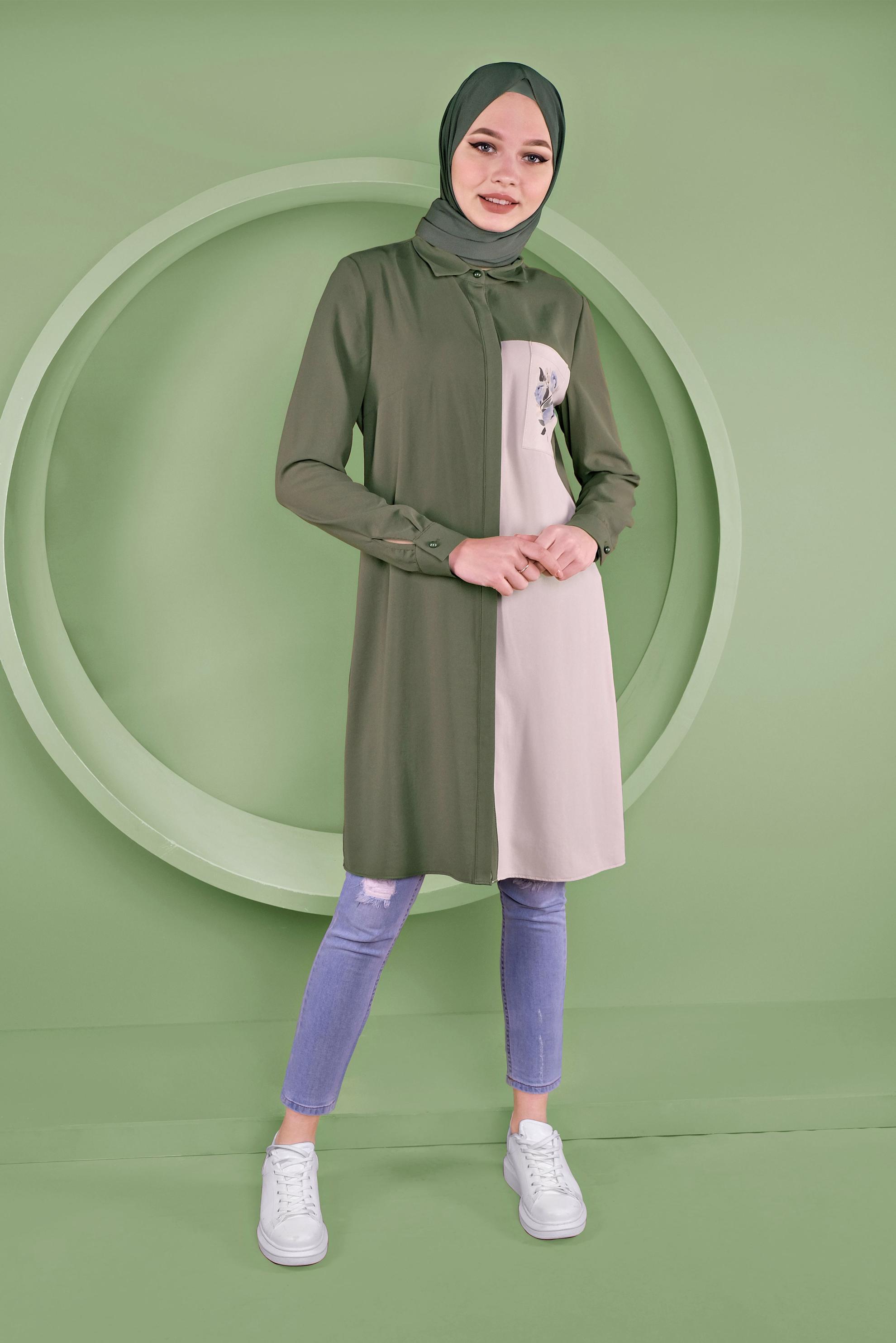 Tesettür giyim HAKİ 2 RENKLİ CEP KISMI NAKIŞ İŞLEMELİ TUNİK 40663