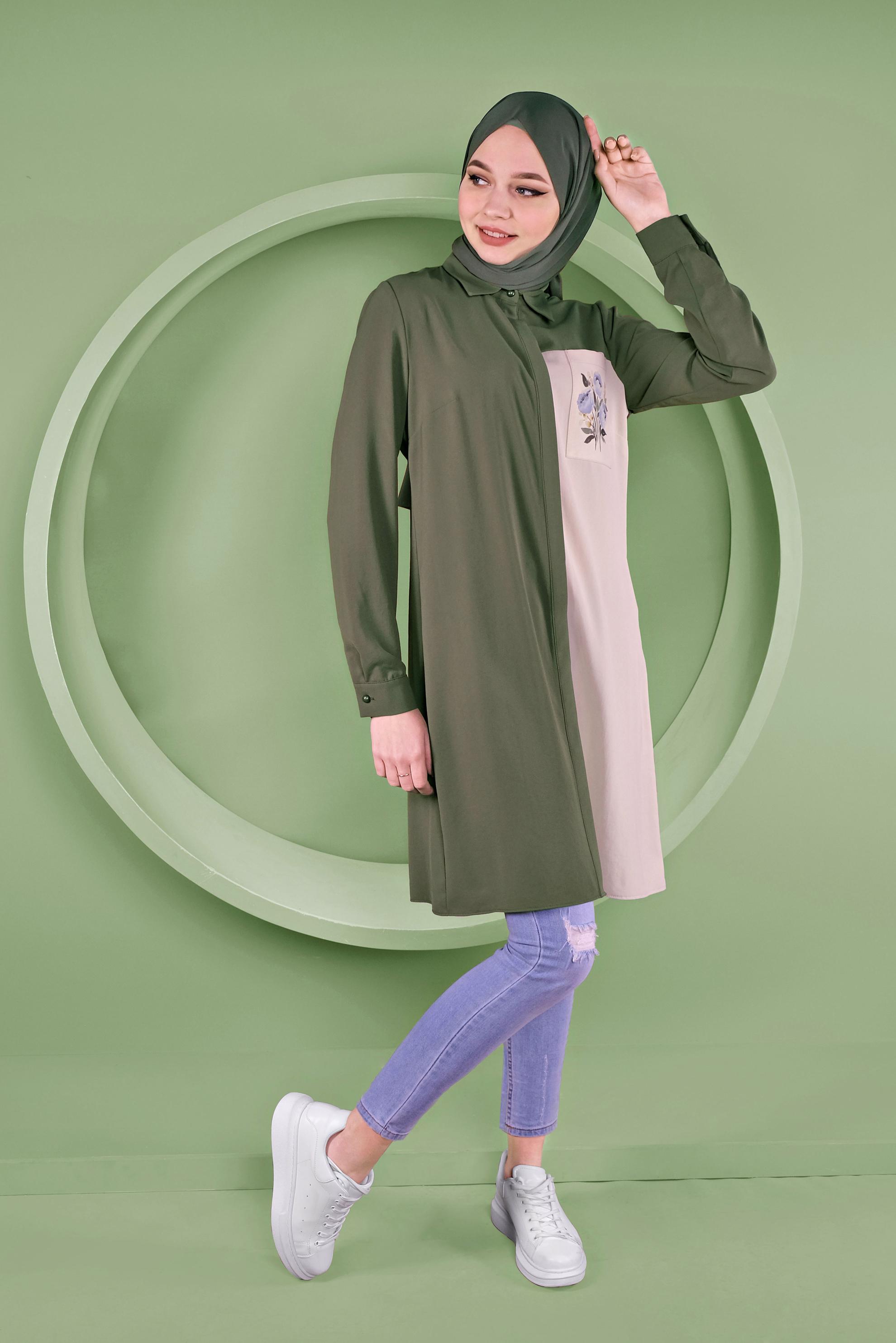 Tesettür giyim HAKİ 2 RENKLİ CEP KISMI NAKIŞ İŞLEMELİ TUNİK 40663