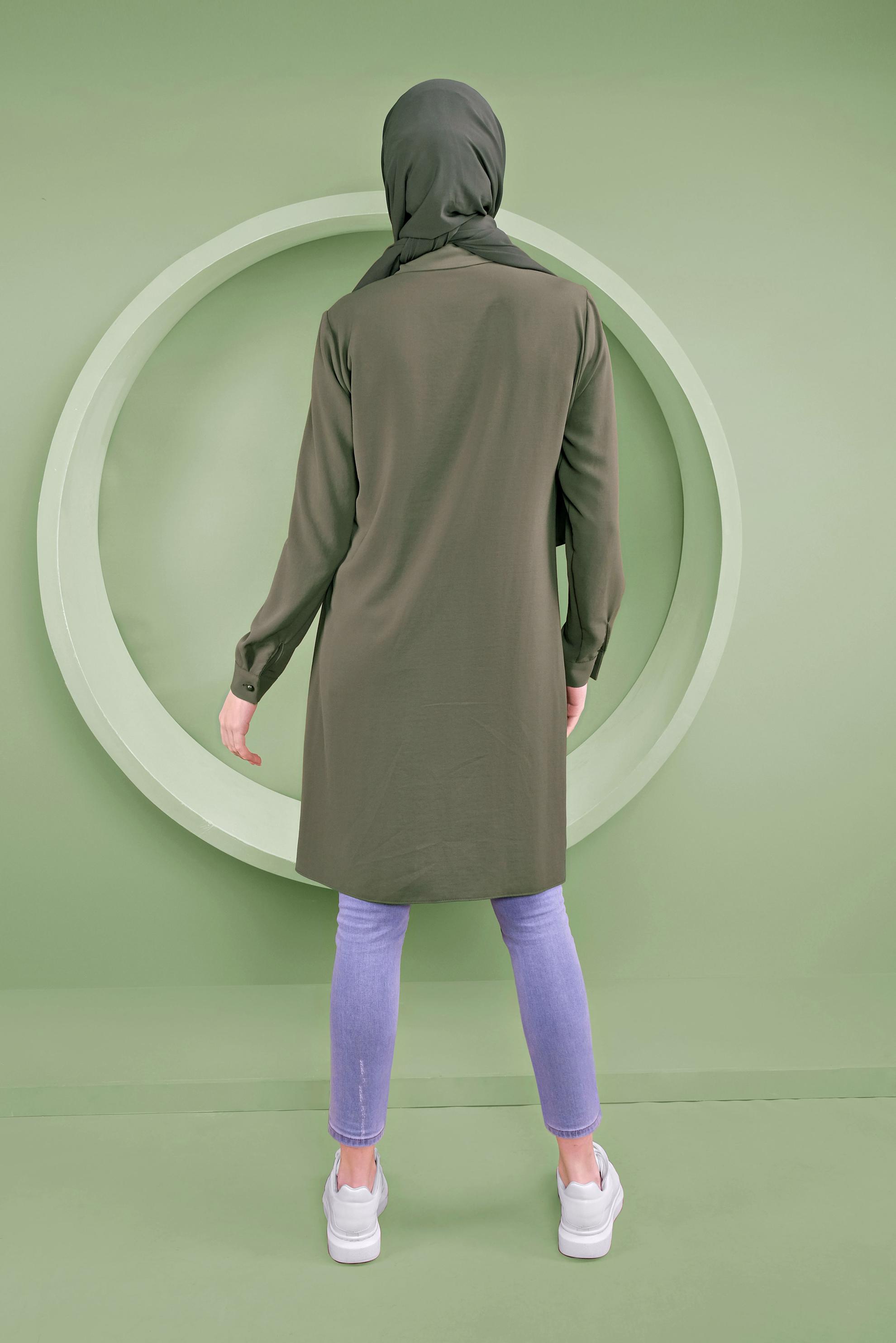 Tesettür giyim HAKİ 2 RENKLİ CEP KISMI NAKIŞ İŞLEMELİ TUNİK 40663