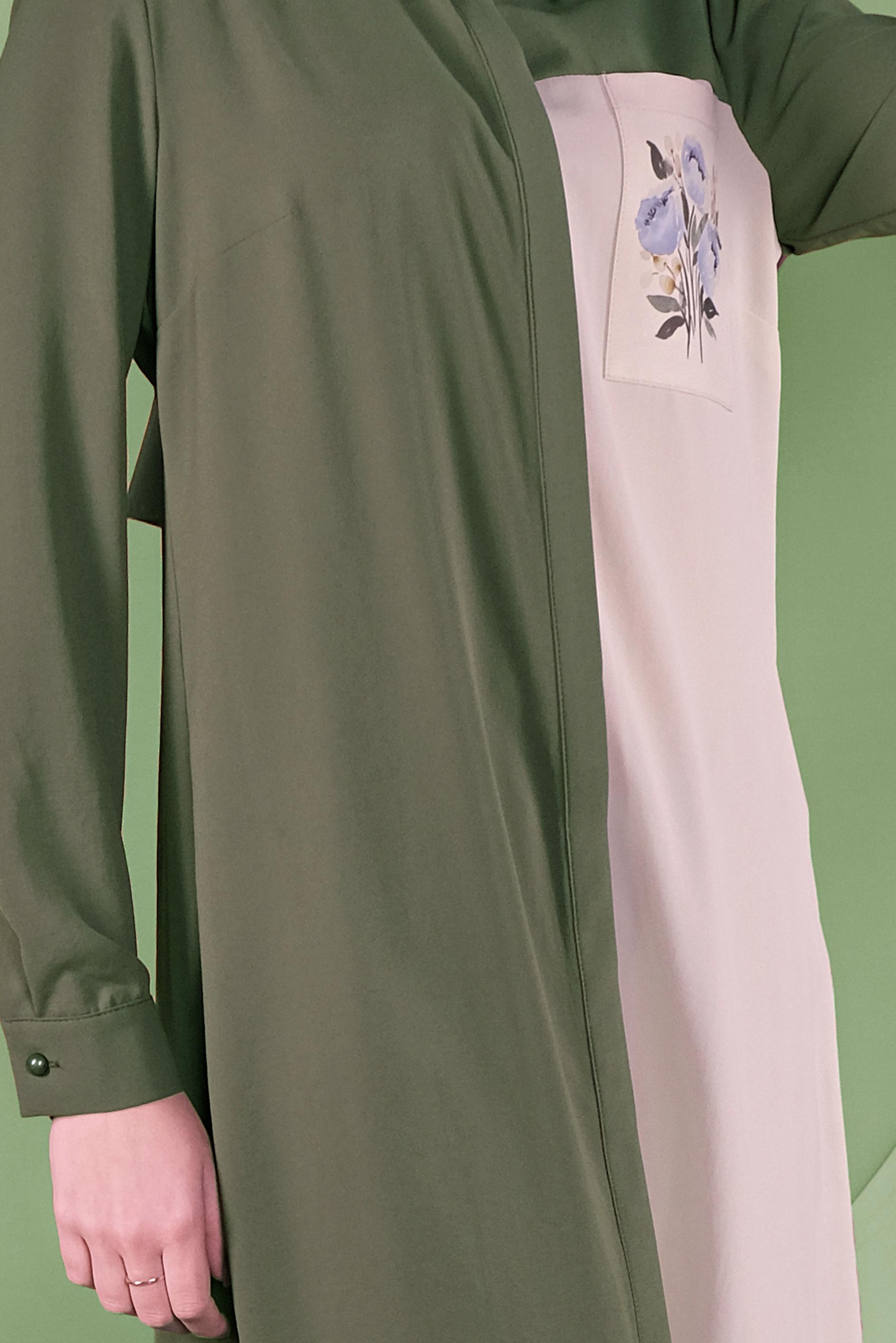 Tesettür giyim HAKİ 2 RENKLİ CEP KISMI NAKIŞ İŞLEMELİ TUNİK 40663