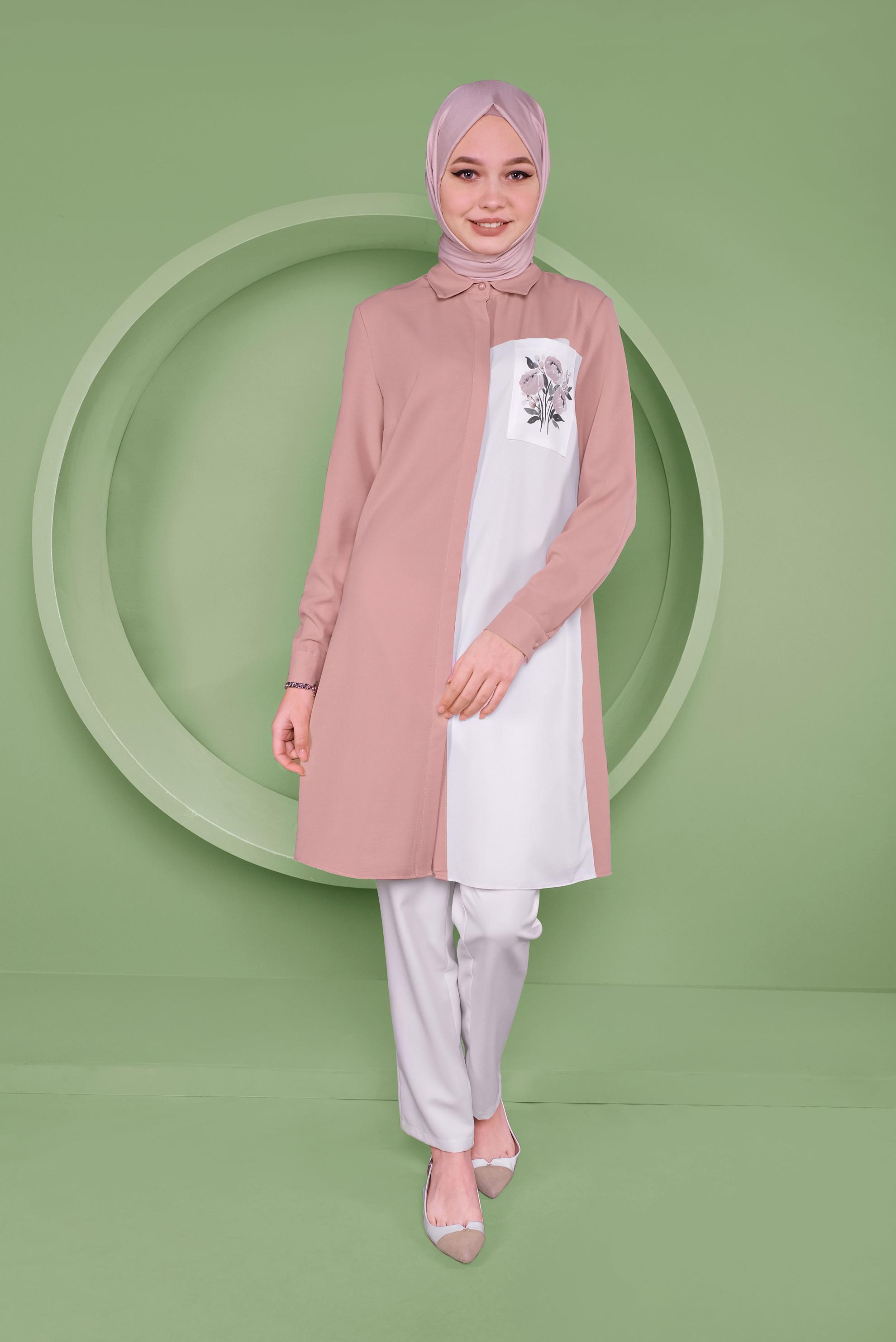 Tesettür giyim PUDRA 2 RENKLİ CEP KISMI NAKIŞ İŞLEMELİ TUNİK 40663