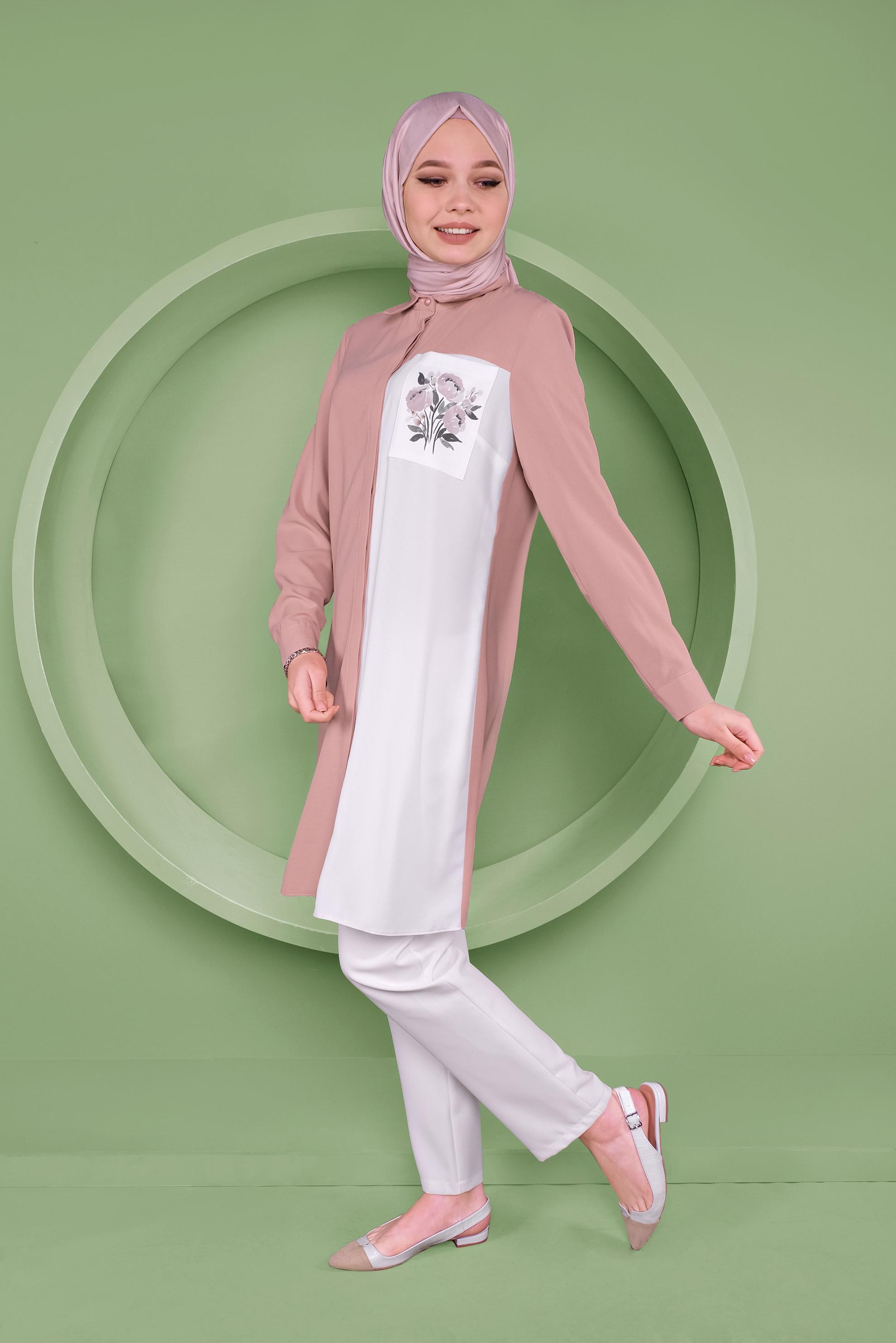 Tesettür giyim PUDRA 2 RENKLİ CEP KISMI NAKIŞ İŞLEMELİ TUNİK 40663