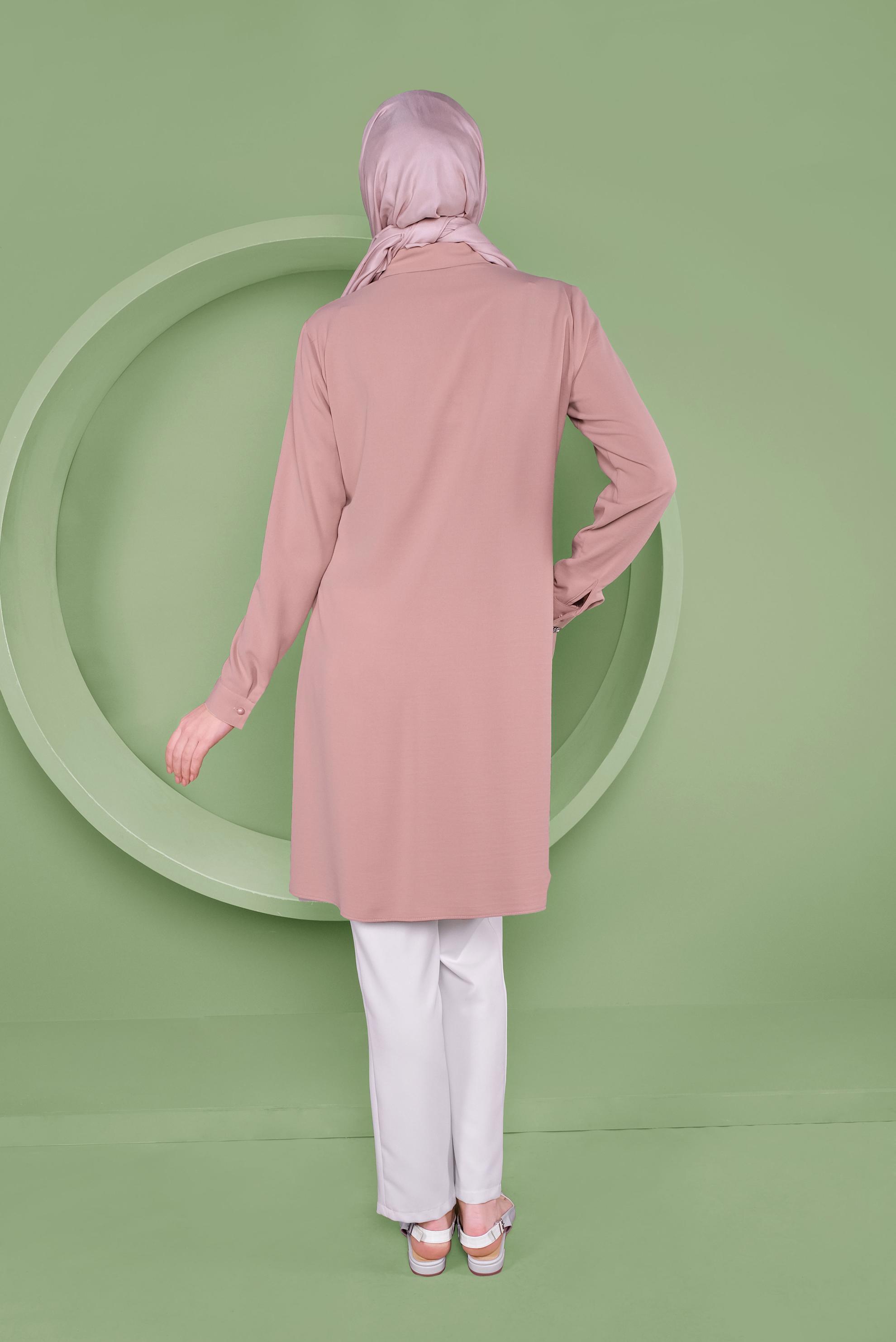 Tesettür giyim PUDRA 2 RENKLİ CEP KISMI NAKIŞ İŞLEMELİ TUNİK 40663