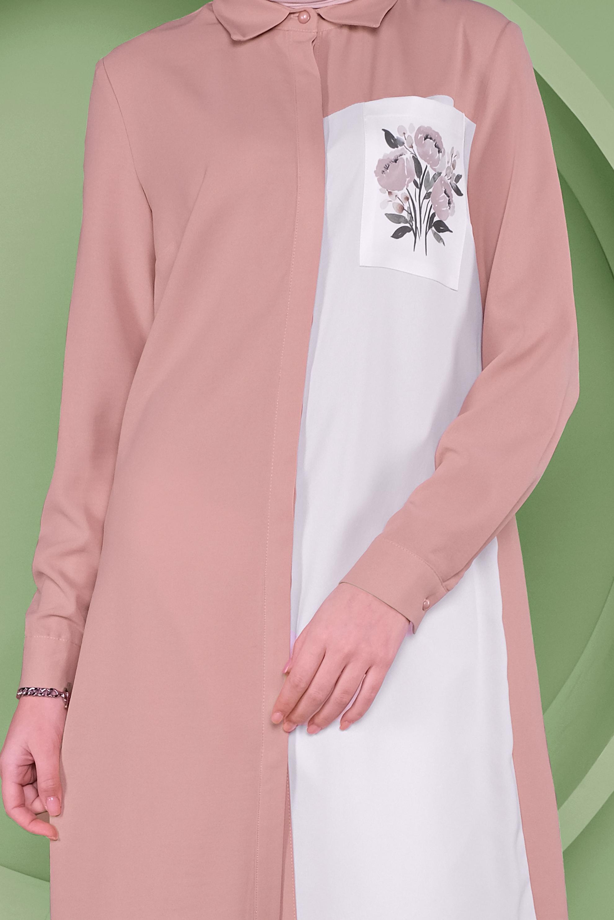 Tesettür giyim PUDRA 2 RENKLİ CEP KISMI NAKIŞ İŞLEMELİ TUNİK 40663