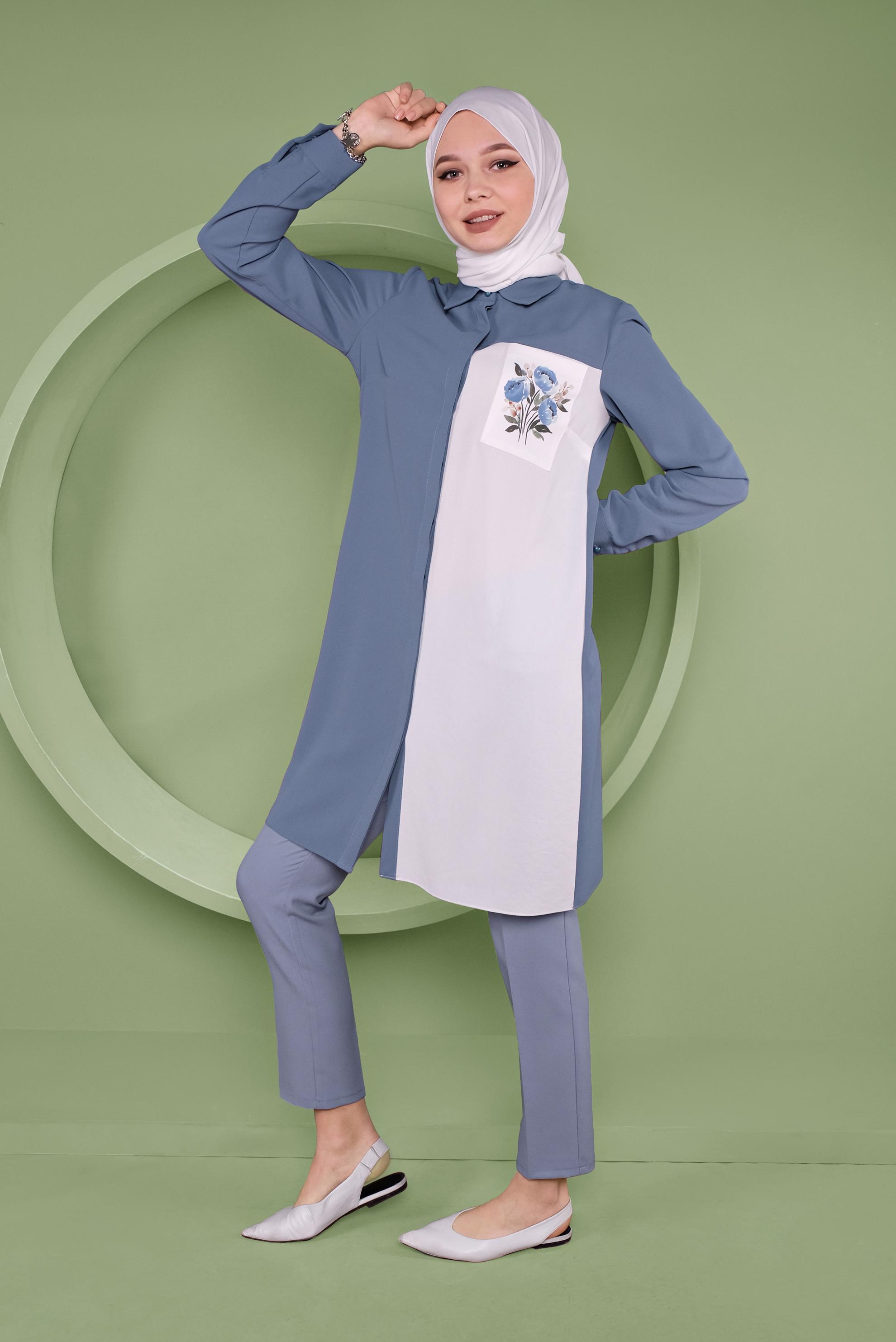 Tesettür giyim MAVİ 2 RENKLİ CEP KISMI NAKIŞ İŞLEMELİ TUNİK 40663