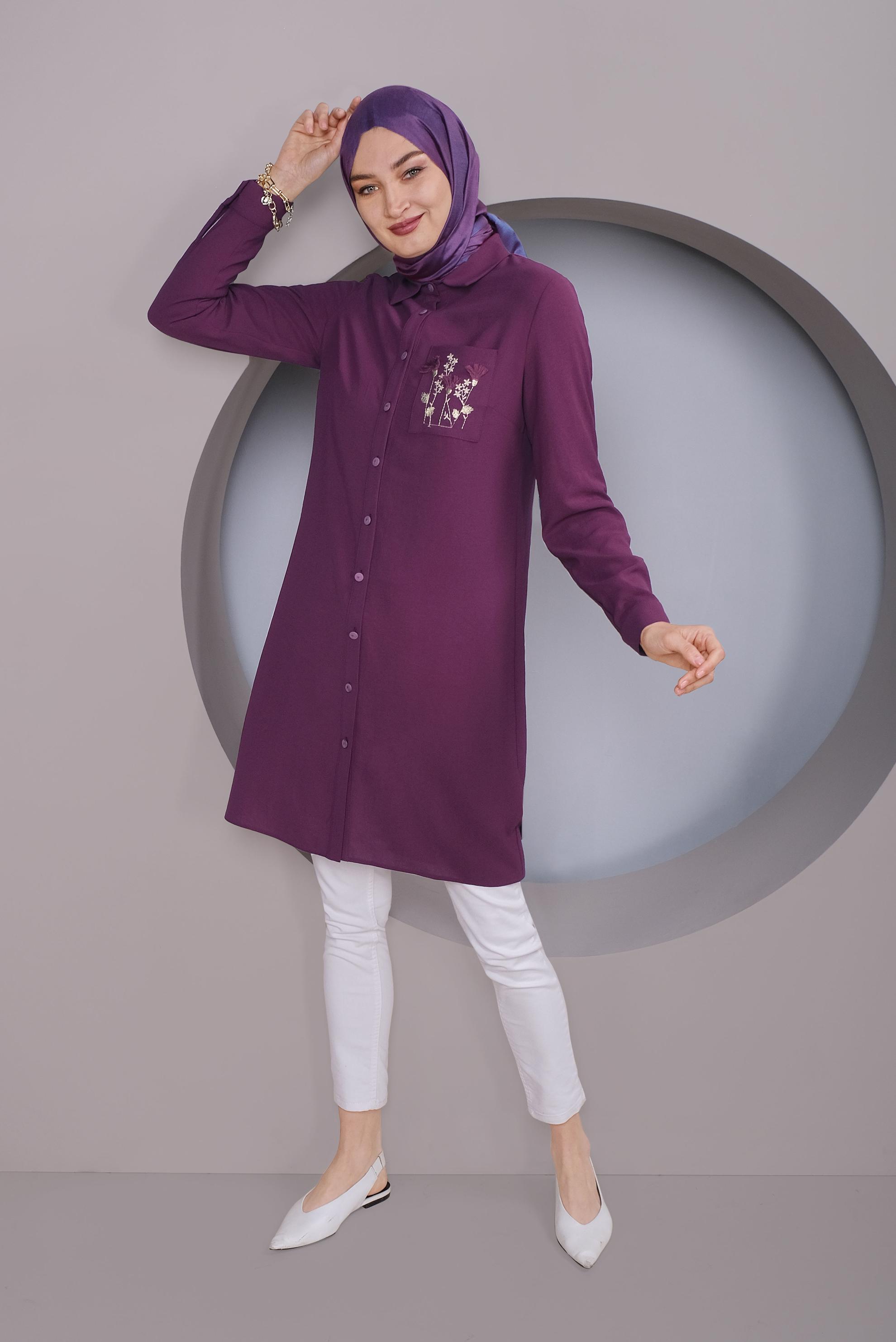 Tesettür giyim MOR CEP KISMI NAKIŞ İŞLEMELİ TUNİK 40664