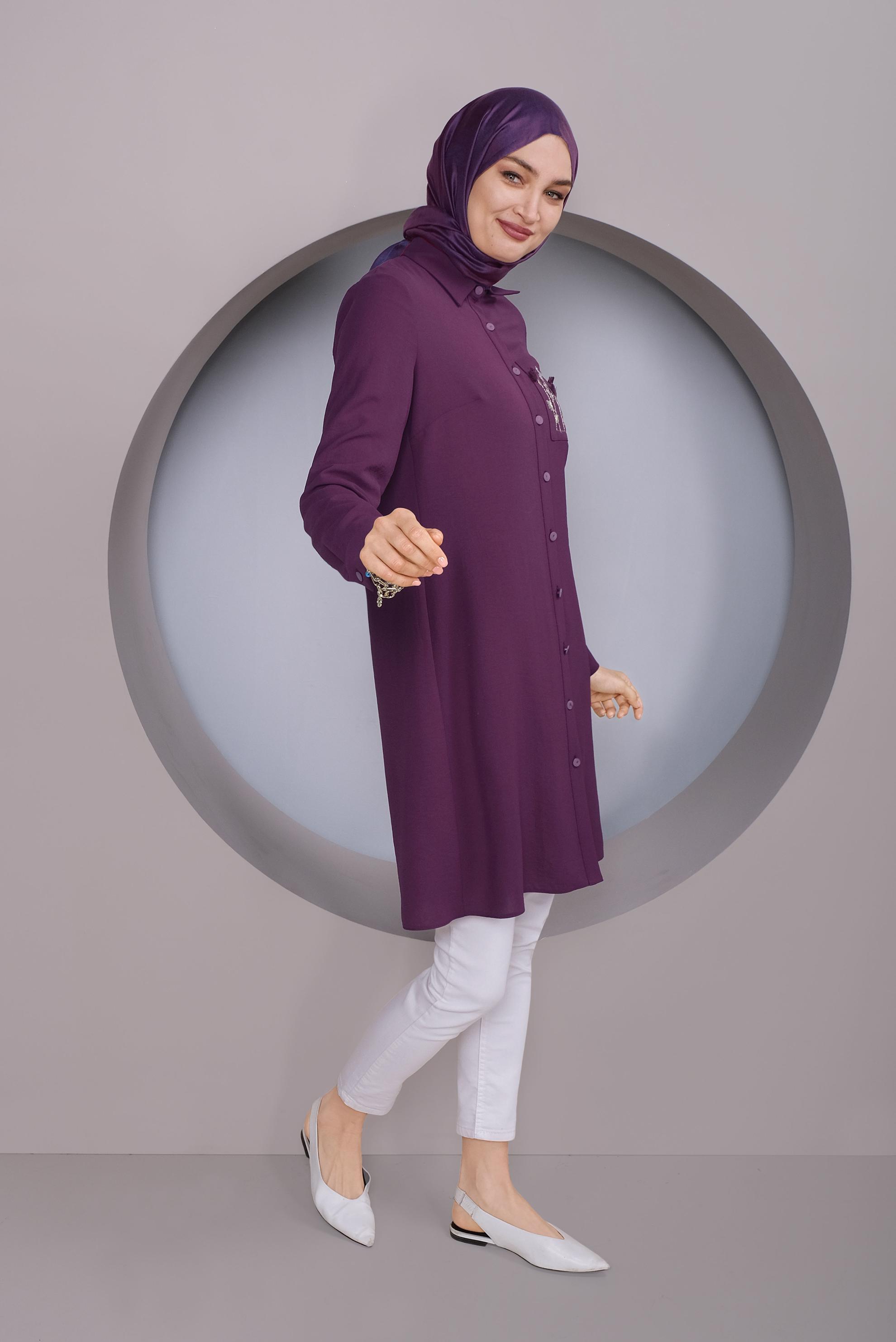 Tesettür giyim MOR CEP KISMI NAKIŞ İŞLEMELİ TUNİK 40664