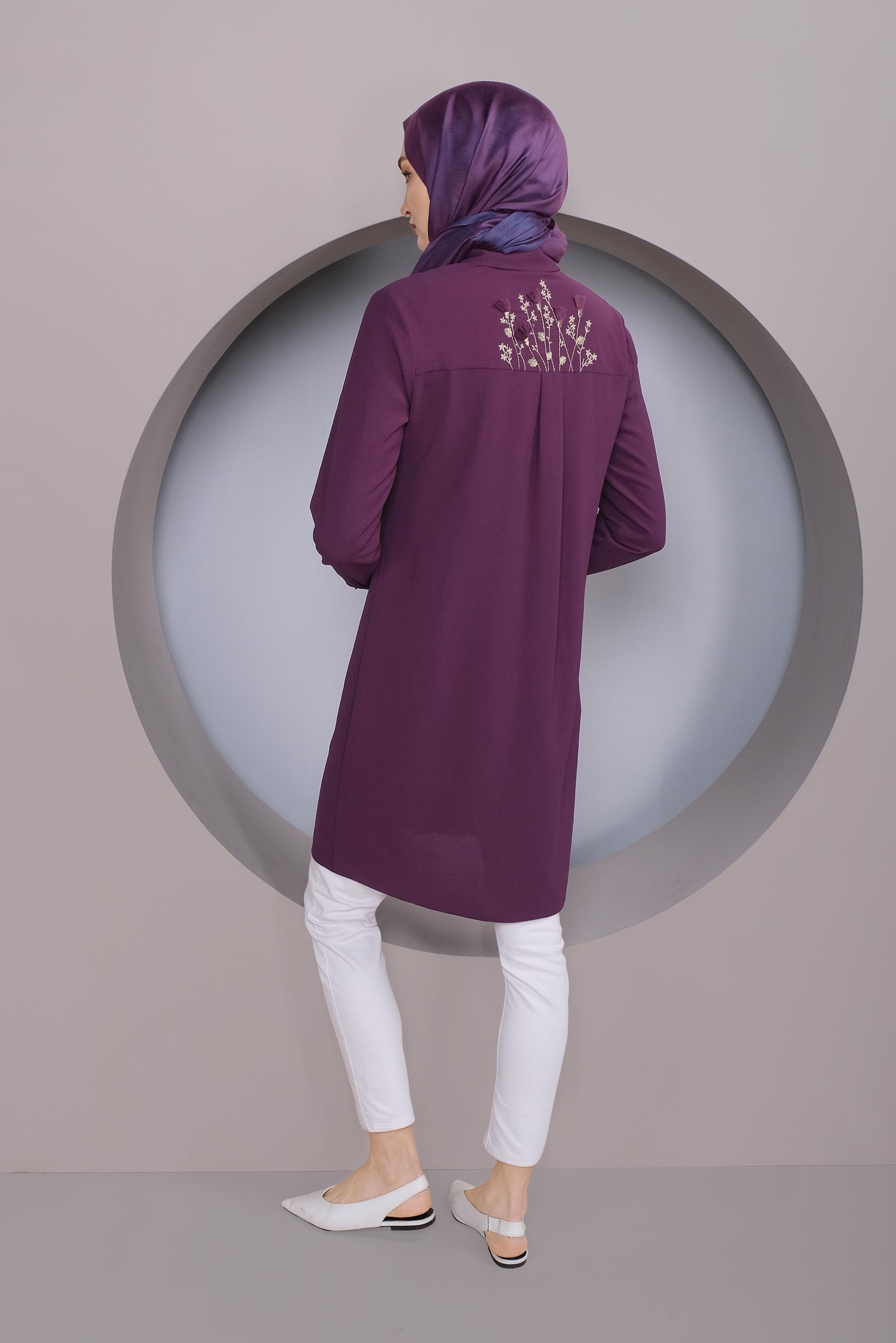 Tesettür giyim MOR CEP KISMI NAKIŞ İŞLEMELİ TUNİK 40664