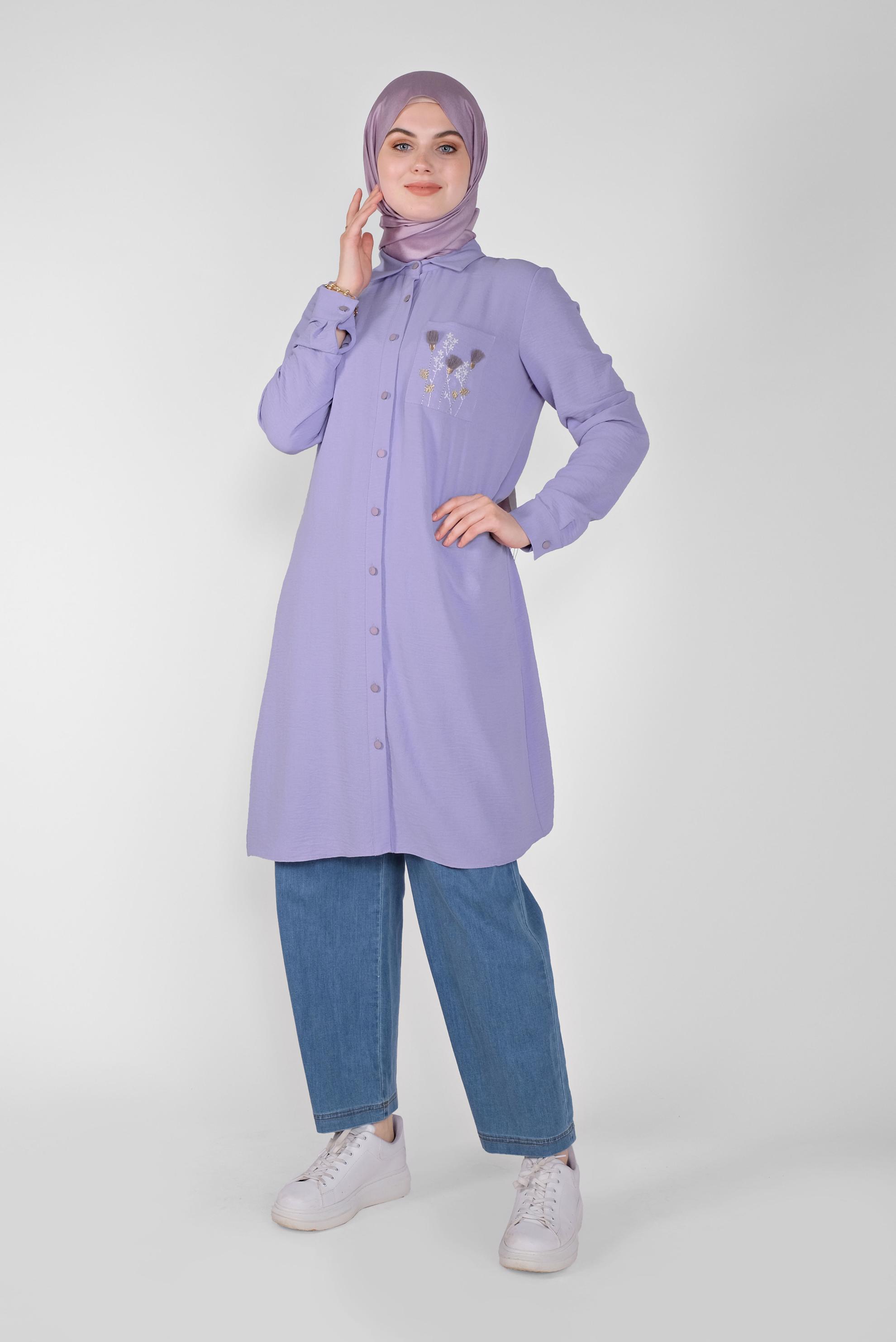 Tesettür giyim MOR CEP KISMI NAKIŞ İŞLEMELİ TUNİK 40664