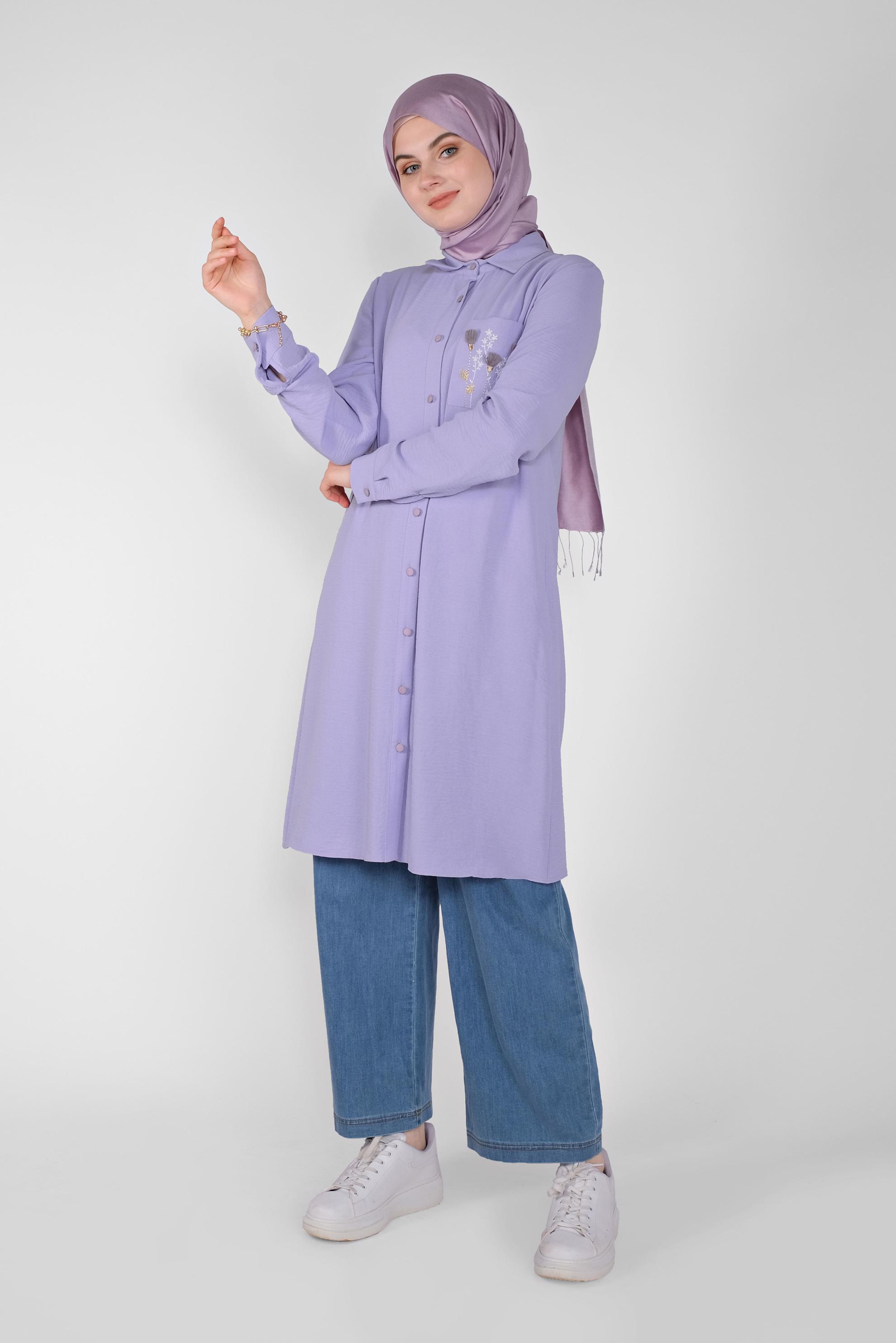 Tesettür giyim MOR CEP KISMI NAKIŞ İŞLEMELİ TUNİK 40664