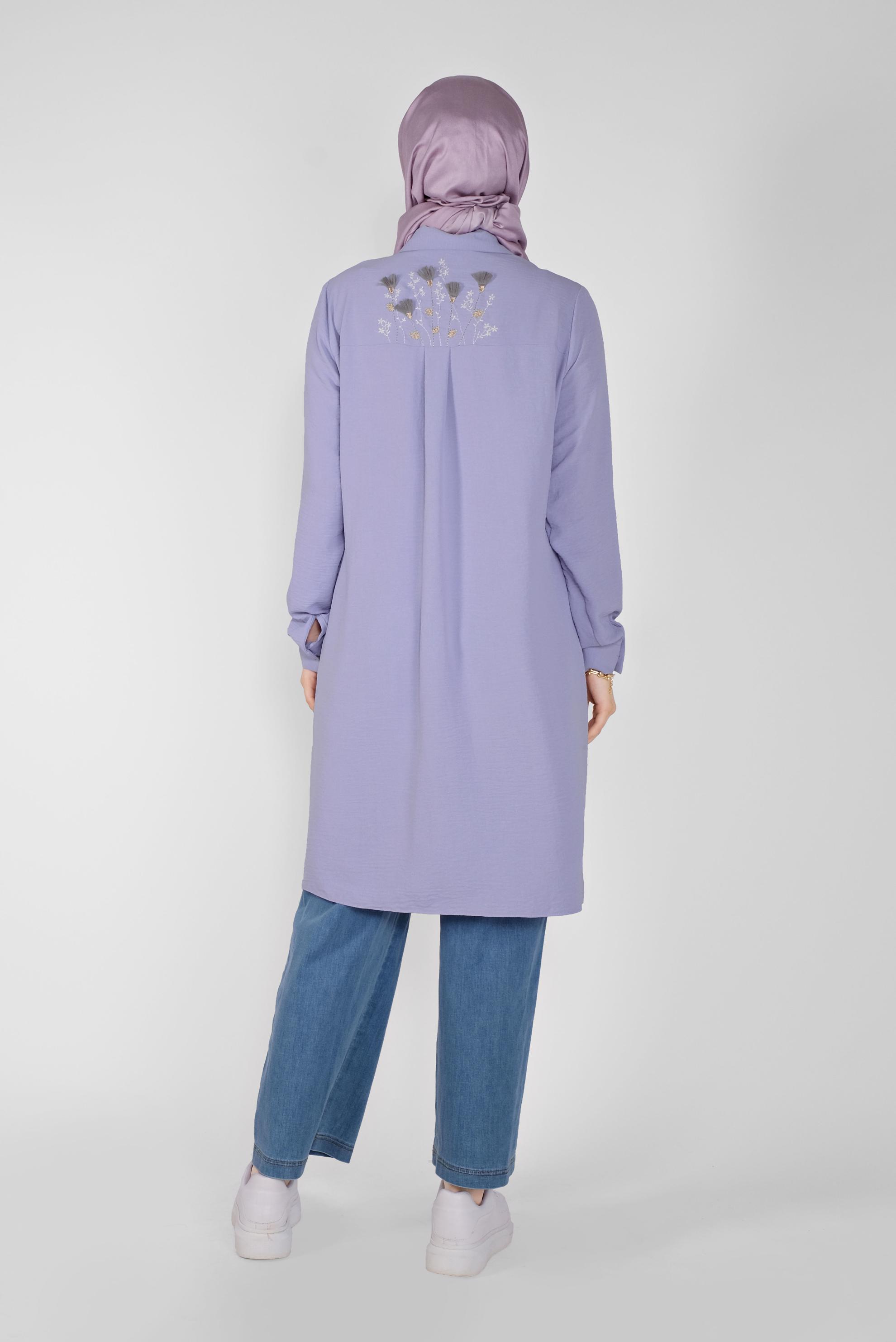 Tesettür giyim MOR CEP KISMI NAKIŞ İŞLEMELİ TUNİK 40664