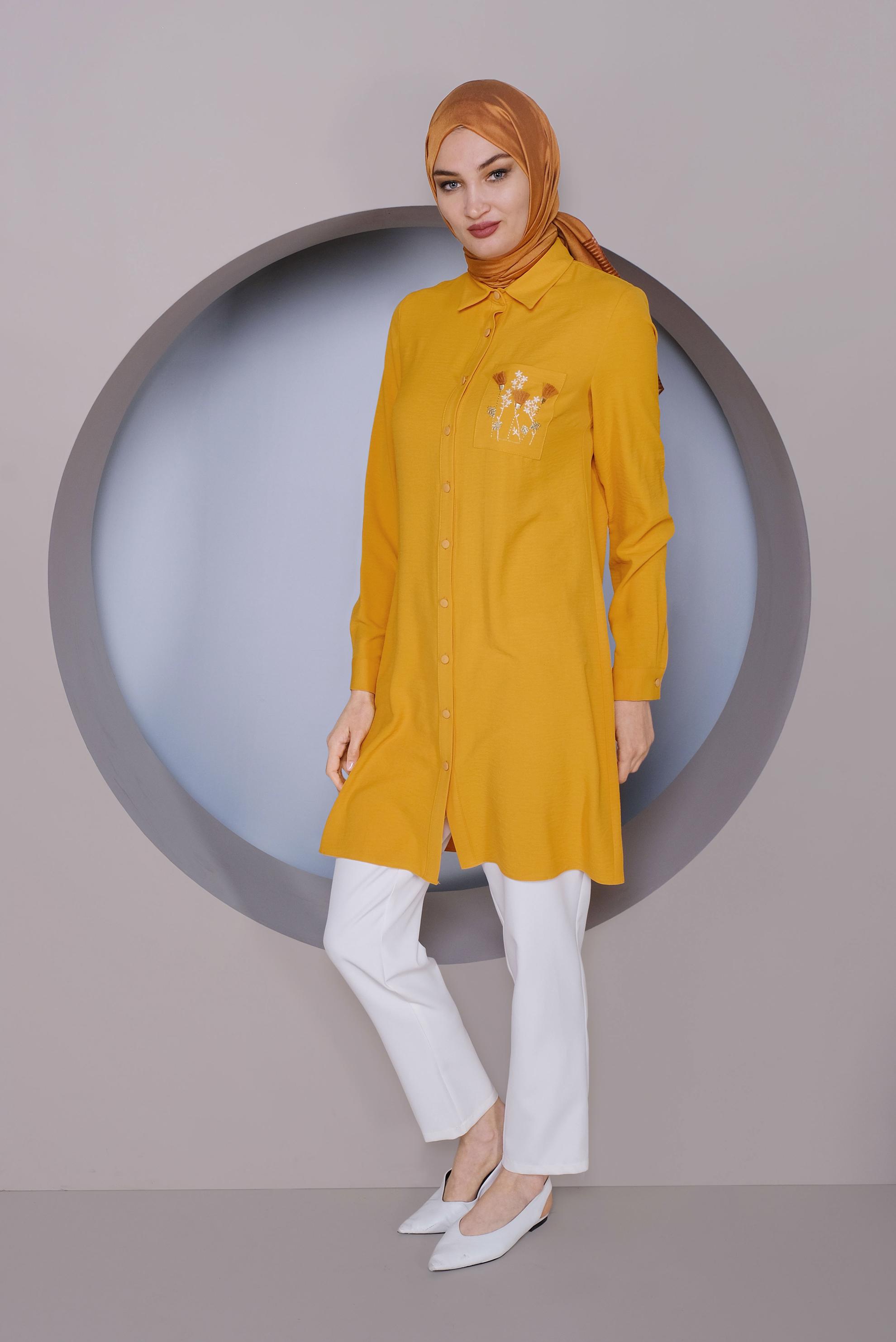 Tesettür giyim SARI CEP KISMI NAKIŞ İŞLEMELİ TUNİK 40664
