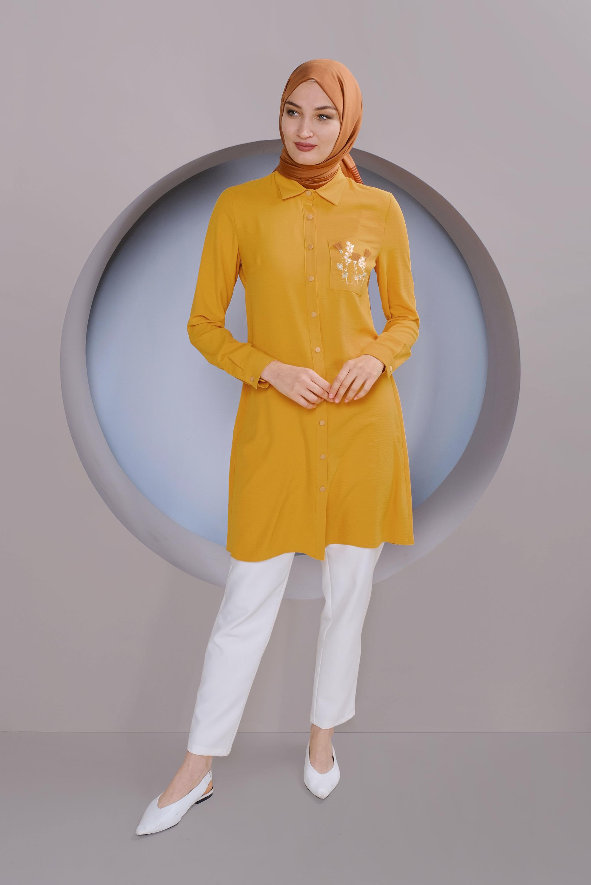 Tesettür giyim SARI CEP KISMI NAKIŞ İŞLEMELİ TUNİK 40664