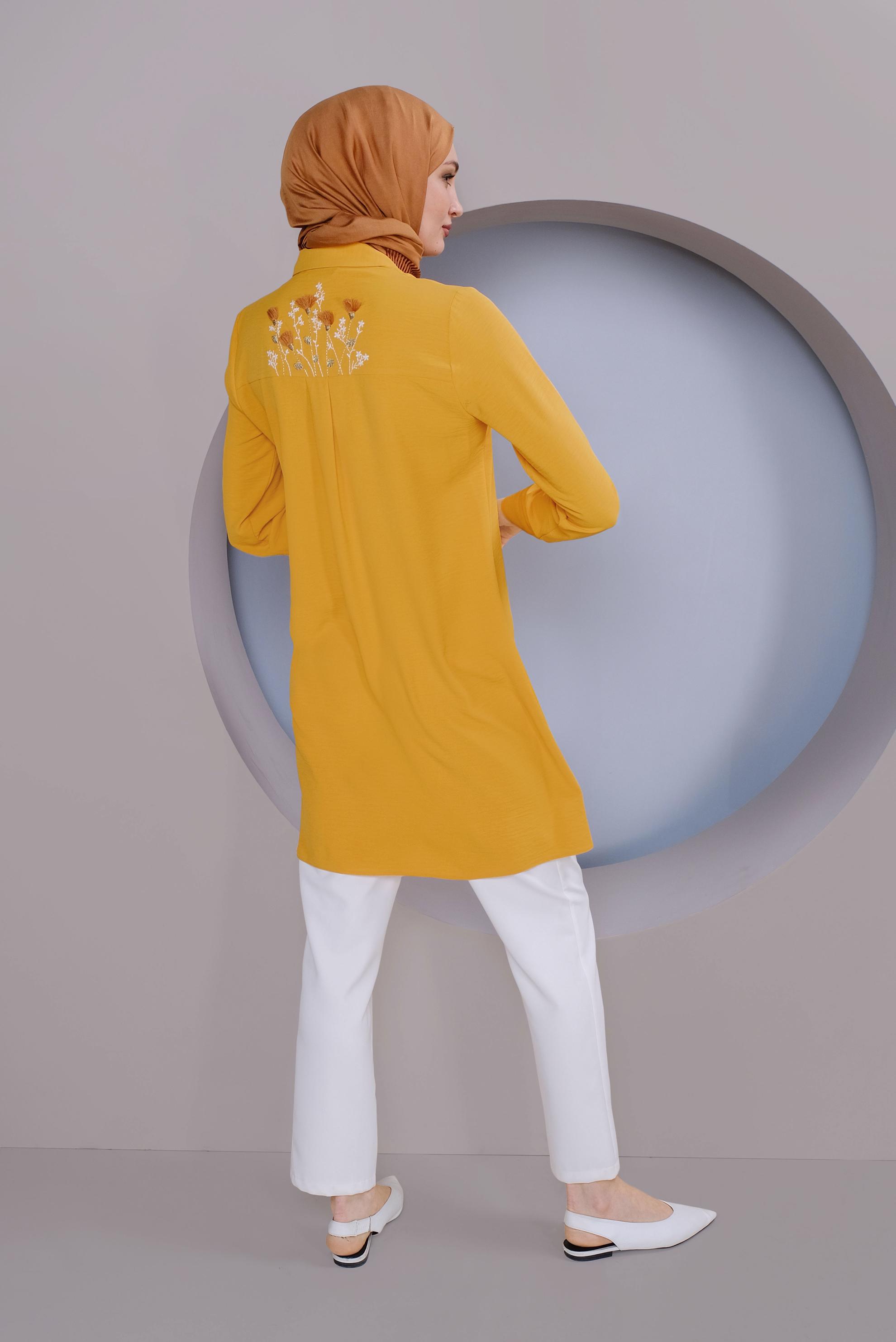Tesettür giyim SARI CEP KISMI NAKIŞ İŞLEMELİ TUNİK 40664
