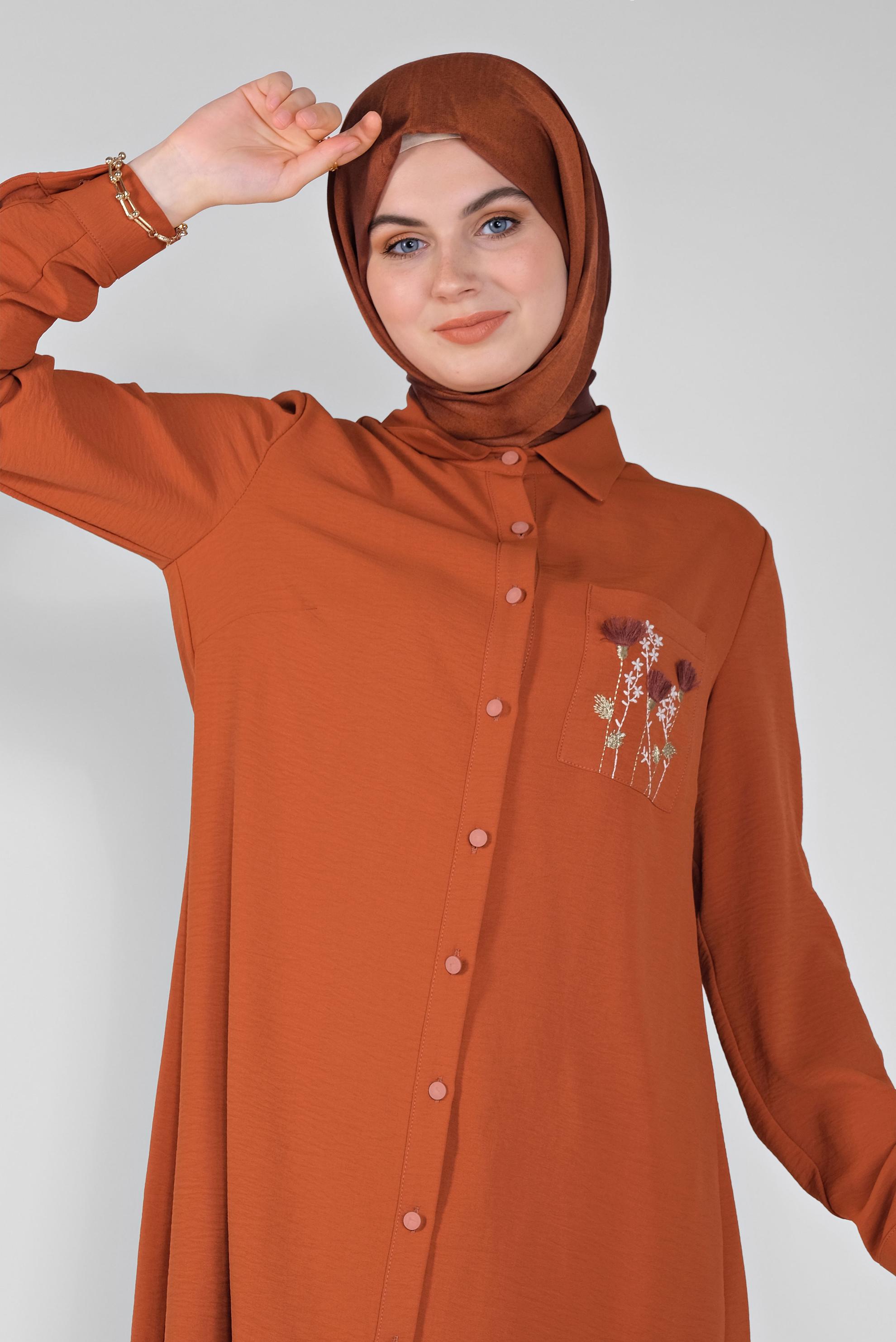Tesettür giyim TURUNCU CEP KISMI NAKIŞ İŞLEMELİ TUNİK 40664