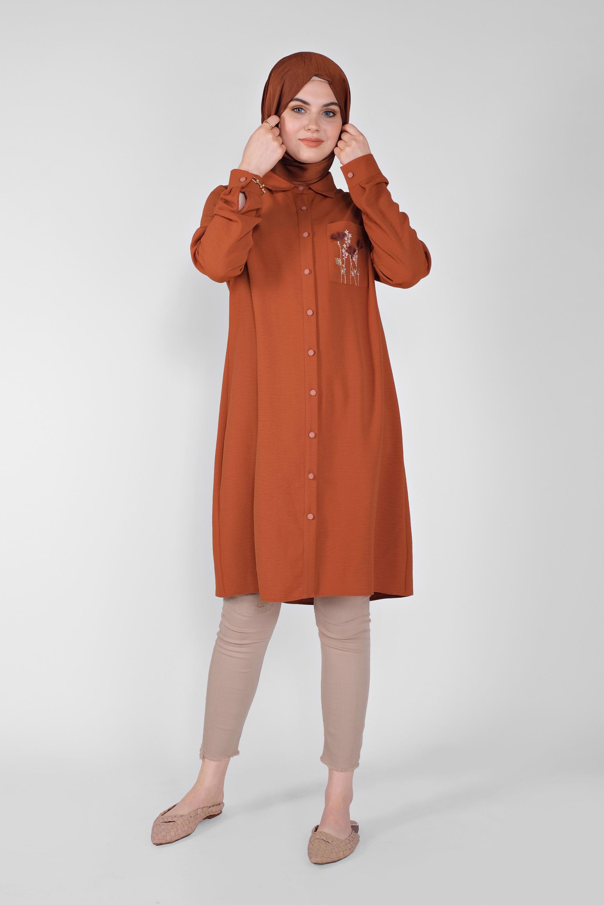 Tesettür giyim TURUNCU CEP KISMI NAKIŞ İŞLEMELİ TUNİK 40664