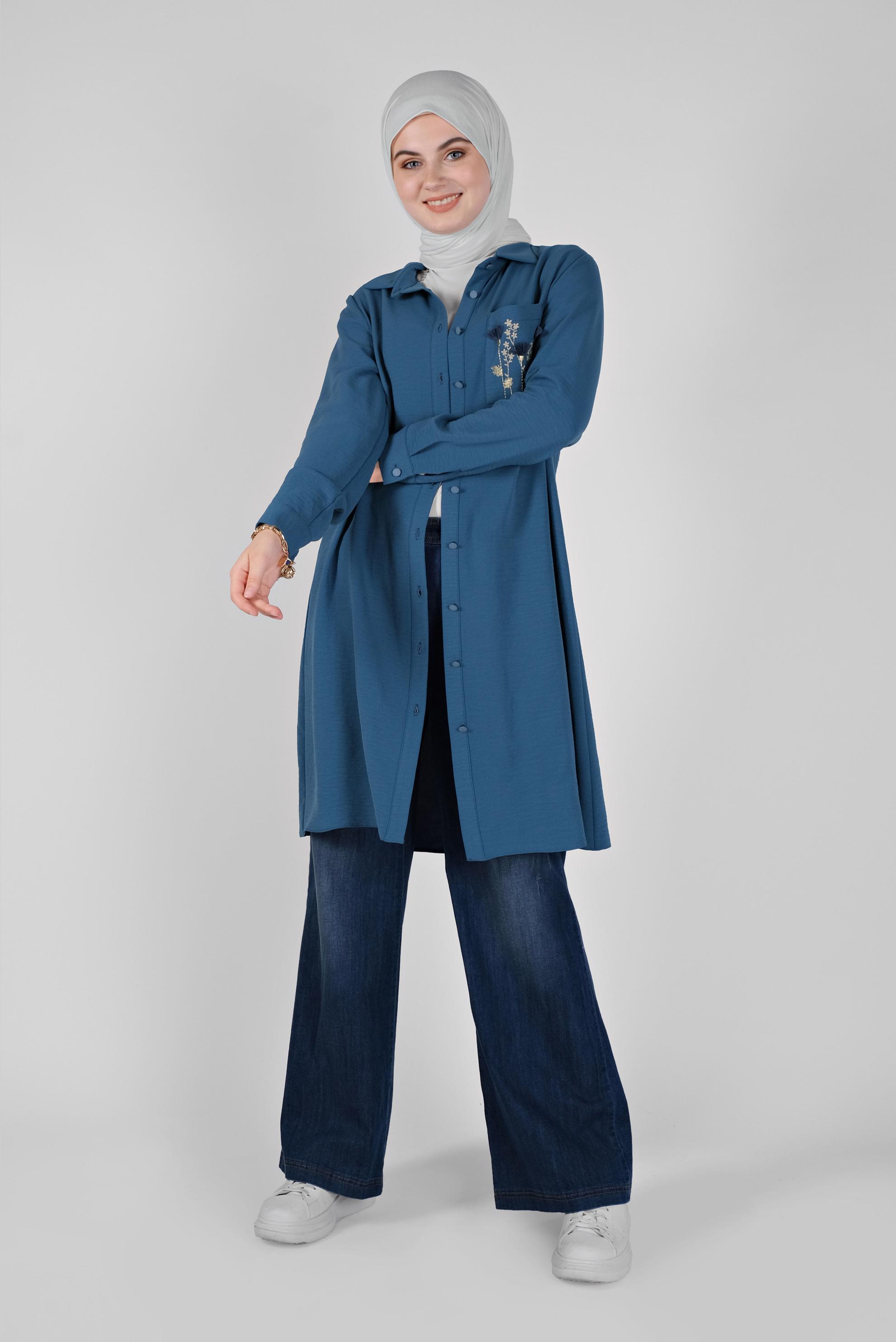 Tesettür giyim LACİVERT CEP KISMI NAKIŞ İŞLEMELİ TUNİK 40664